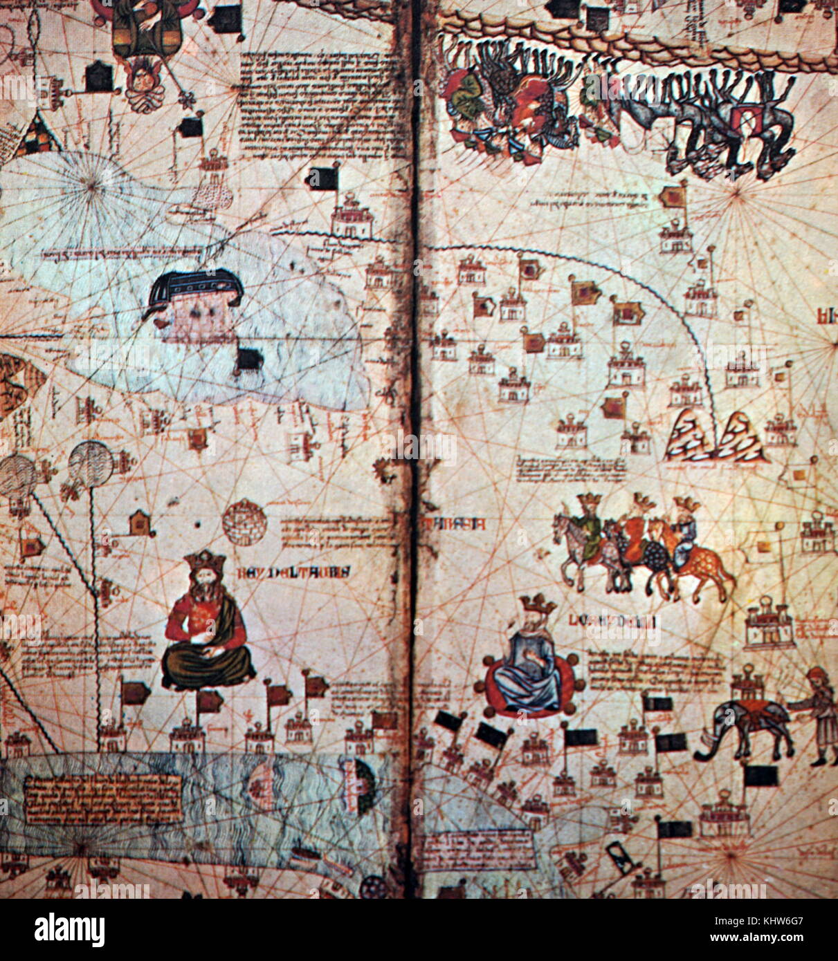 Parte di un palazzo del XIV secolo spagnolo mappa del mondo, dipinta su pannelli in legno, noto come il catalano Atlas. Datato xiv secolo Foto Stock