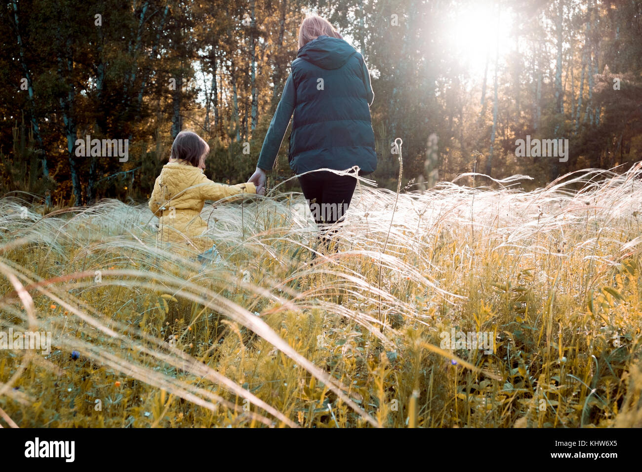 La madre e il bambino sul campo di fiori selvaggi, Ural, Sverdlovsk, Russia Foto Stock