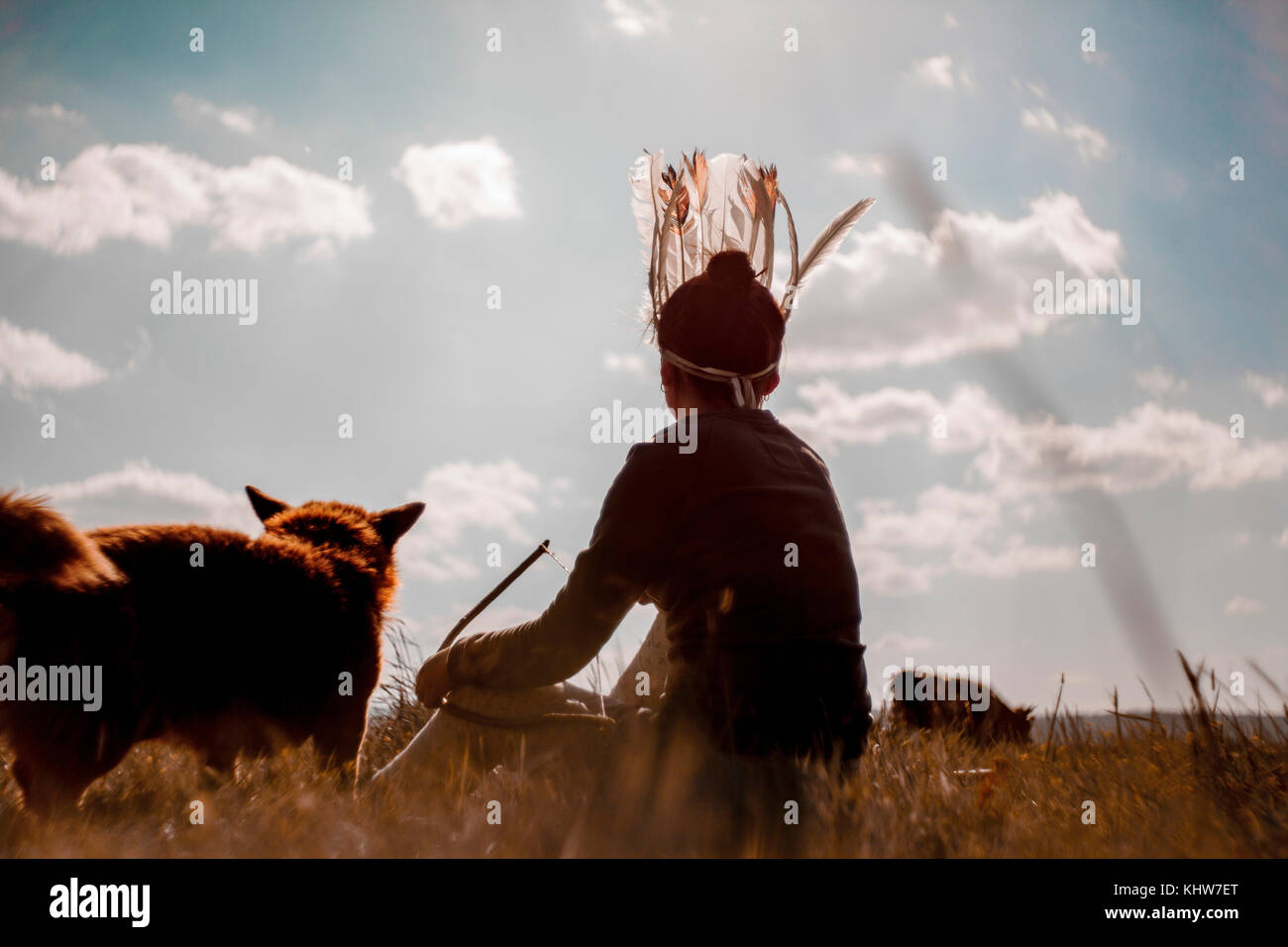 Ragazza e gatto pet sull'erba guardando mucca in distanza Foto Stock