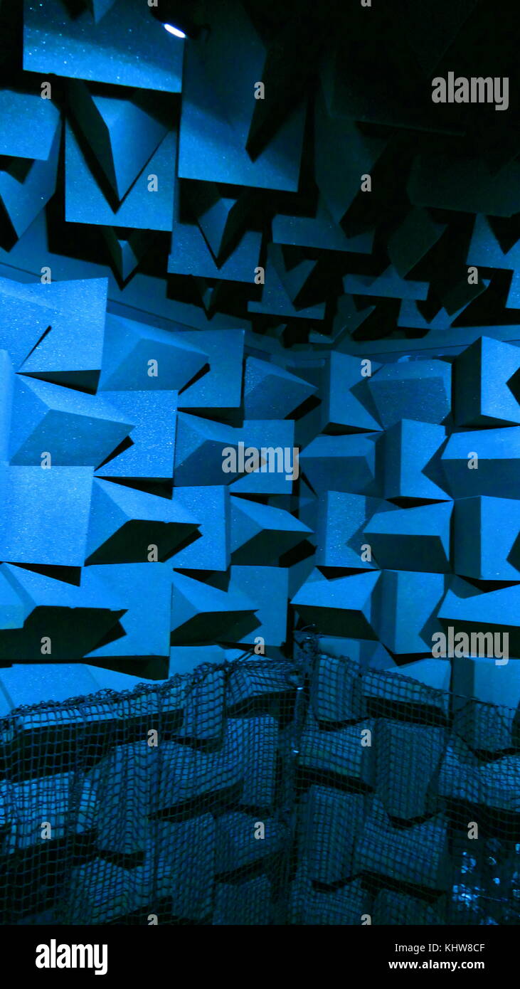 Fotografia di una camera anecoica. Una camera anecoica ('an-riflesso' significa non-riflettente, non eco o eco-free) è una camera progettata per assorbire completamente le riflessioni di acustici o onde elettromagnetiche. Recante la data del XXI secolo Foto Stock
