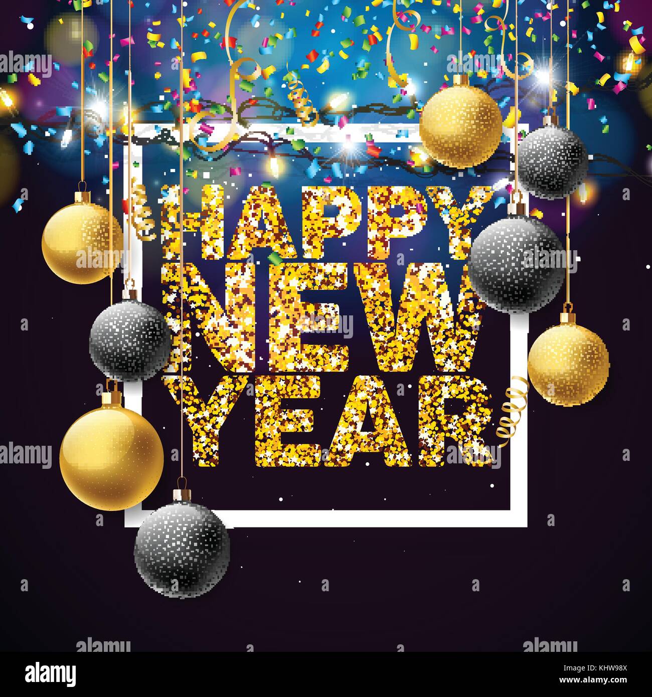 Vector felice anno nuovo 2018 illustrazione con shiny golden glitter design tipografia e sfere ornamentali su sfondo di confetti. eps 10. Illustrazione Vettoriale