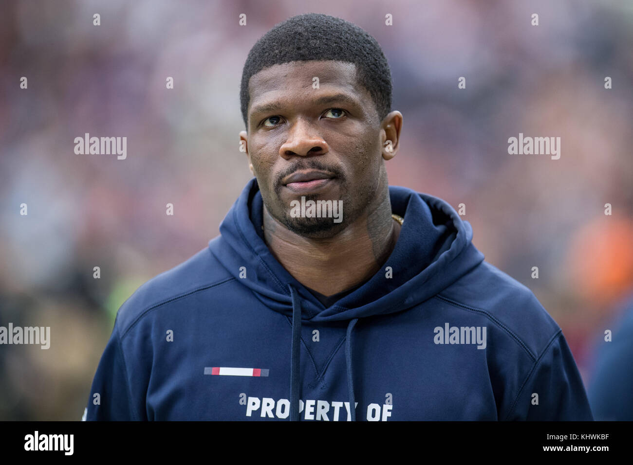 19 novembre 2017: Si ritira Houston Texans Ring d'onore inductee Andre Johnson prima di NFL di una partita di calcio tra la Houston Texans e l'Arizona Cardinals a NRG Stadium di Houston, TX. I Texans hanno vinto il gioco 31 a 21...Trask Smith/CSM Foto Stock