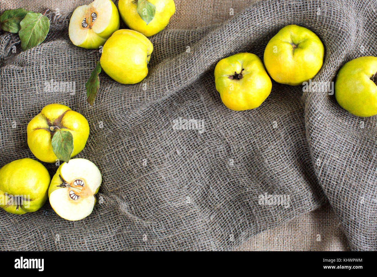 Caduta, uno stile di vita sano, presenta concetto. Frutta fresca colture consistevano di giallo sole cotogne verde con lati, sono giacenti nelle pieghe di tessuto greggio di sacco Foto Stock