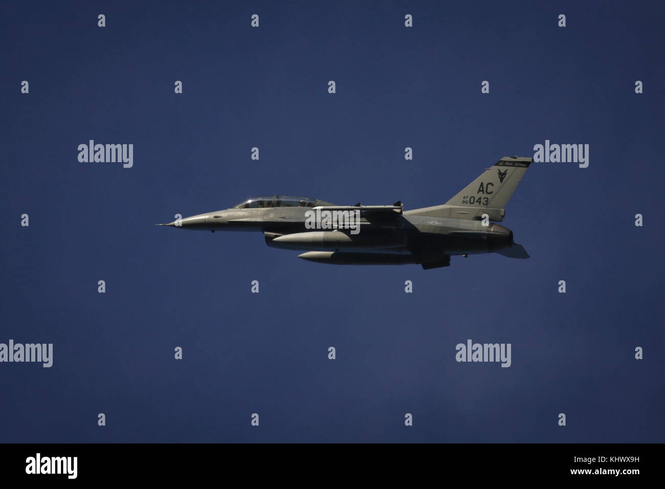 Un New Jersey Air National Guard F-16D Fighting Falcon pilotato da Col. John R. DiDonna, 177th Fighter Wing Commander e sedile posteriore passeggero Col. Patrick M. Kennedy, 177th Vice Wing Commander, vola su Warren Grove Gunnery gamma mentre sul loro "fini volo,' o ultimo volo con il 177th Fighter Wing, nov. 17, 2017. (U.S. Air National Guard foto di Master Sgt. Matt Hecht) Foto Stock