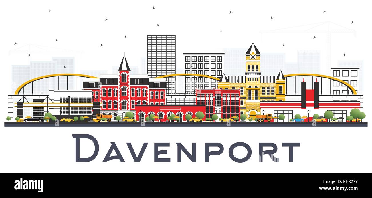 Davenport iowa skyline con edifici di colore isolato su sfondo bianco. illustrazione vettoriale. business viaggi e turismo illustrazione Illustrazione Vettoriale
