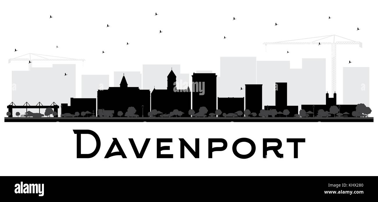 Davenport skyline della città in bianco e nero la silhouette. Illustrazione Vettoriale. Piatto semplice concetto per il turismo presentazione, banner, cartellone o sito web. Illustrazione Vettoriale
