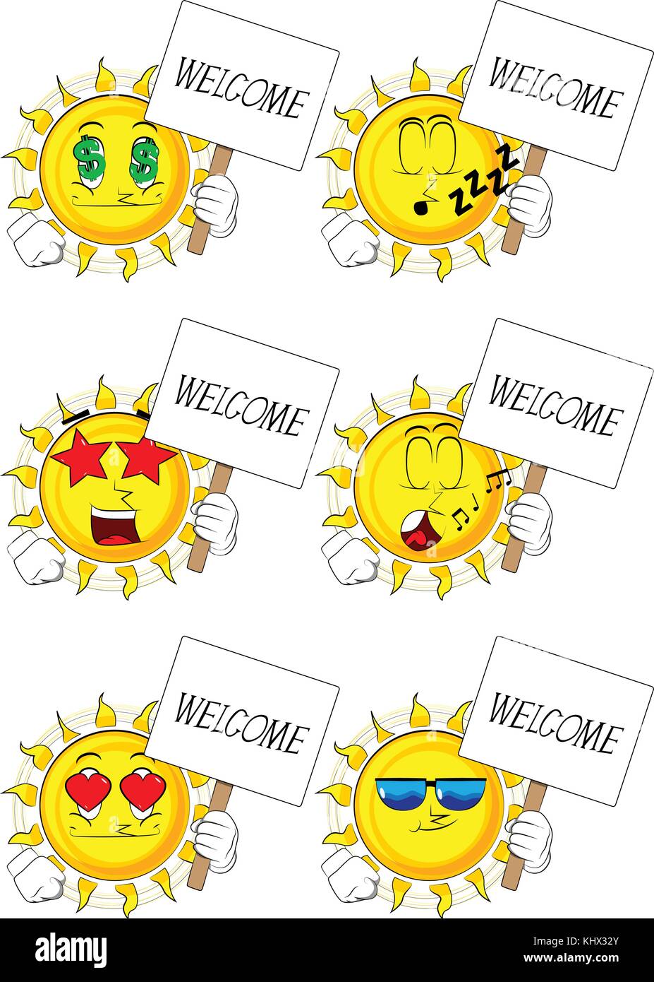 Cartoon sun tenendo un banner con testo di benvenuto. raccolta con varie espressioni del viso. vettore set. Illustrazione Vettoriale