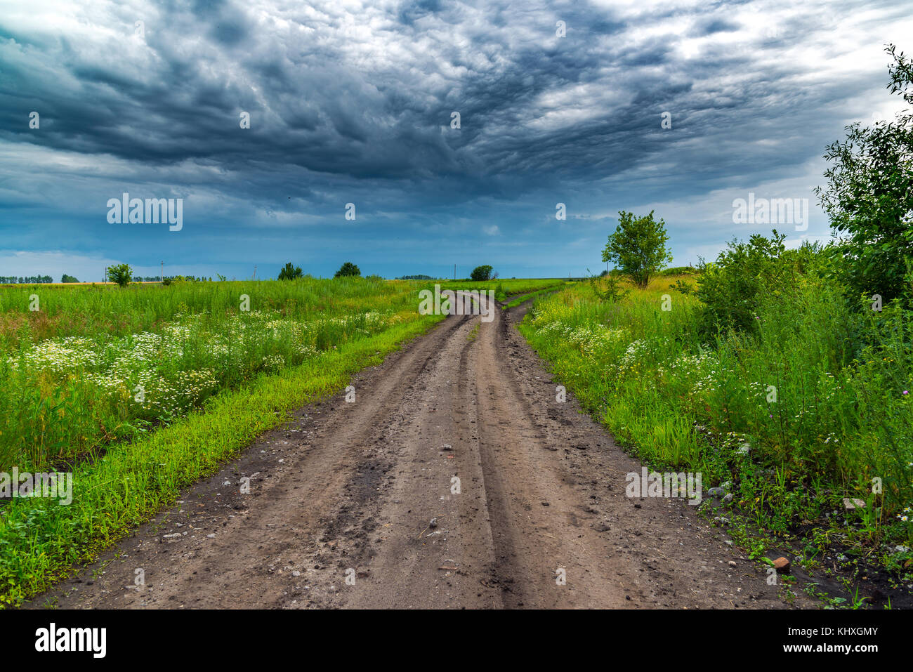 Paesaggio rurale con la strada e un cielo tempestoso Foto Stock