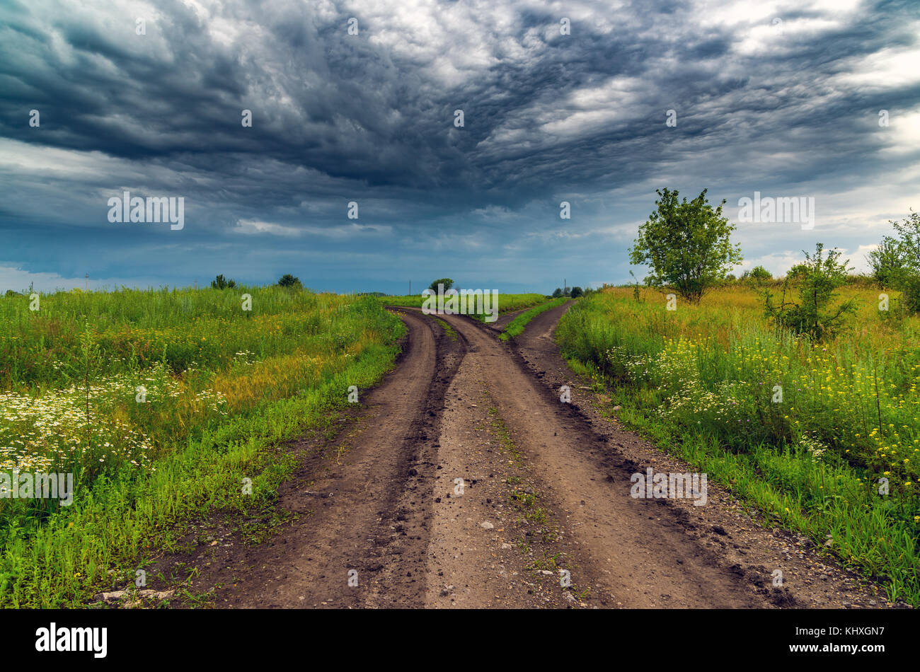 Paesaggio rurale con la strada e un cielo tempestoso Foto Stock