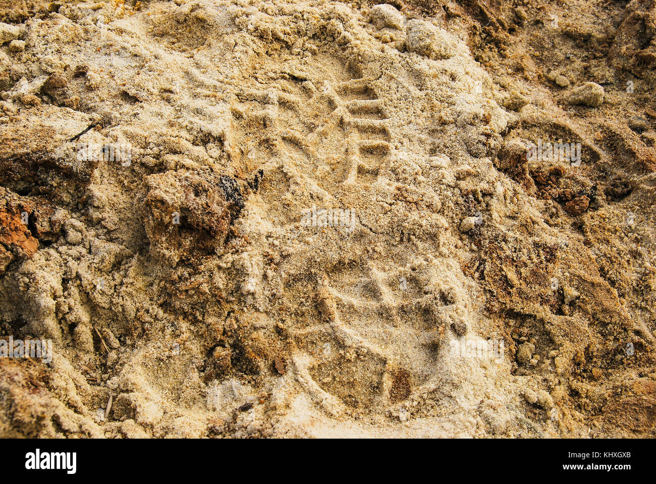 L'impronta di un piede maschile in scarpe sulla sabbia bagnata Foto Stock