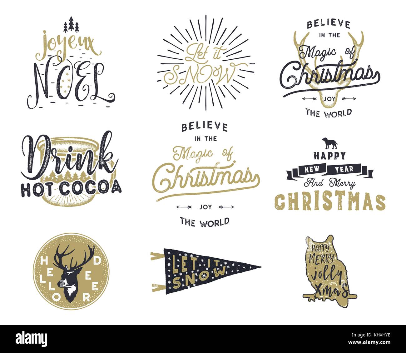 Grande buon natale tipografia citazioni, auguri bundle. sunbursts, nastro e xmas noel elementi, icone. Anno nuovo lettering, proverbi, etichette vintage. saluti stagionali calligraphy. stock vector isolare Illustrazione Vettoriale