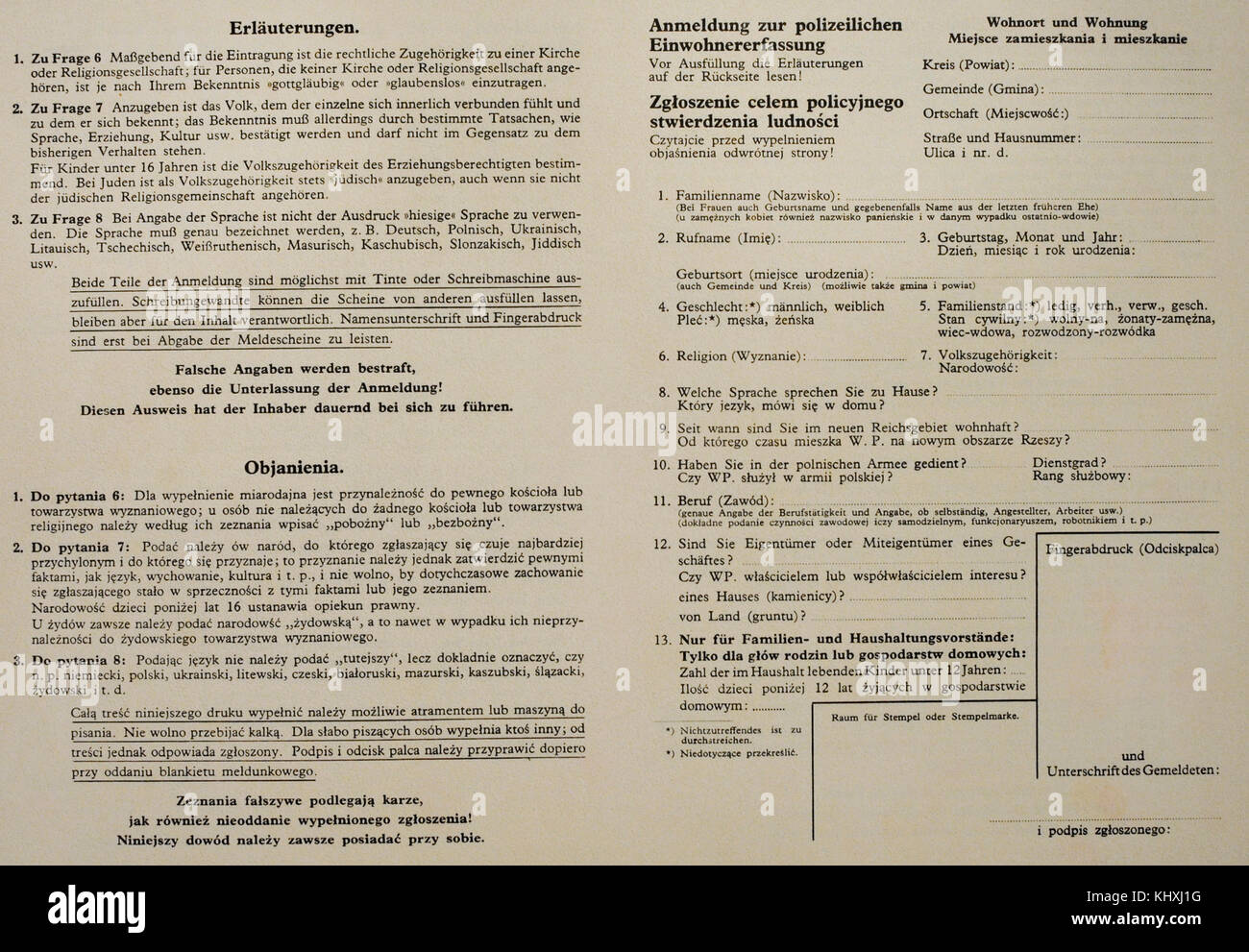 La storia del nazismo. Xx secolo. una forma di censimento di polizia inclusa una serie di domande che hanno consentito alle autorità tedesche di stabilire la nazionalità e lingua utilizzata a casa. Il censimento è stato comunemente chiamato una impronta digitale a causa del loro uso. Foto Stock