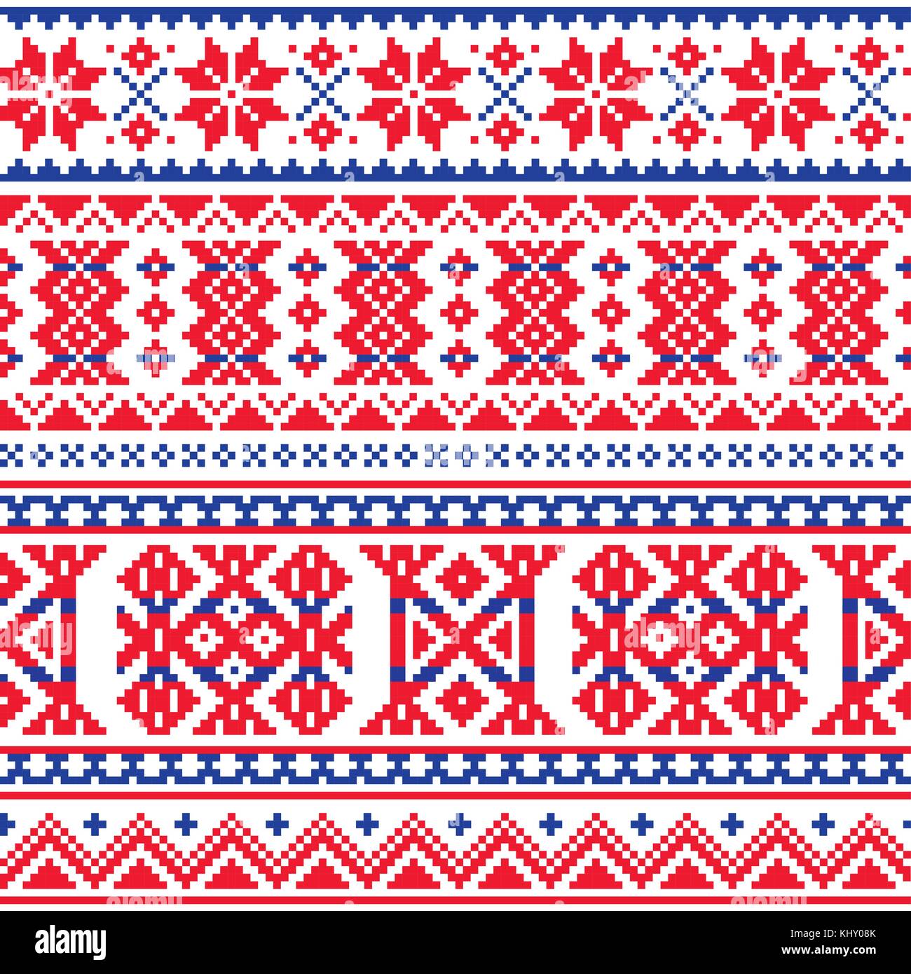 In Lapponia, la popolazione sami vector seamless pattern, scandinavo, nordic folk art in rosso e blu Illustrazione Vettoriale