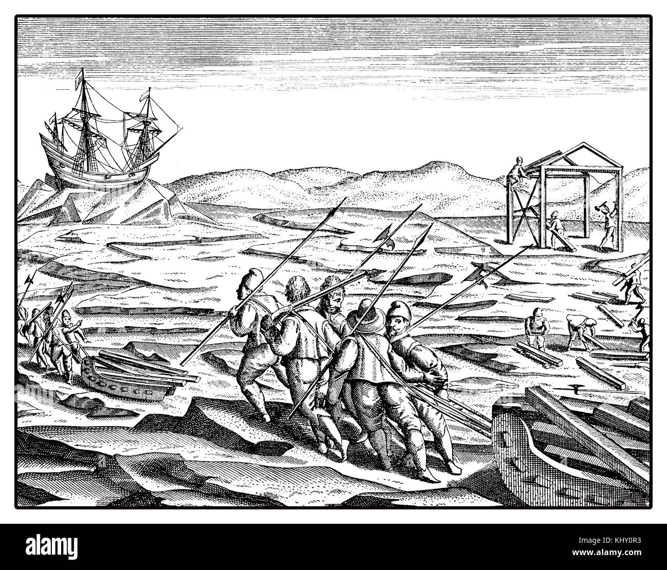 William spedizione di barents artic nel XVI secolo, la costruzione di un rifugio in legno Foto Stock