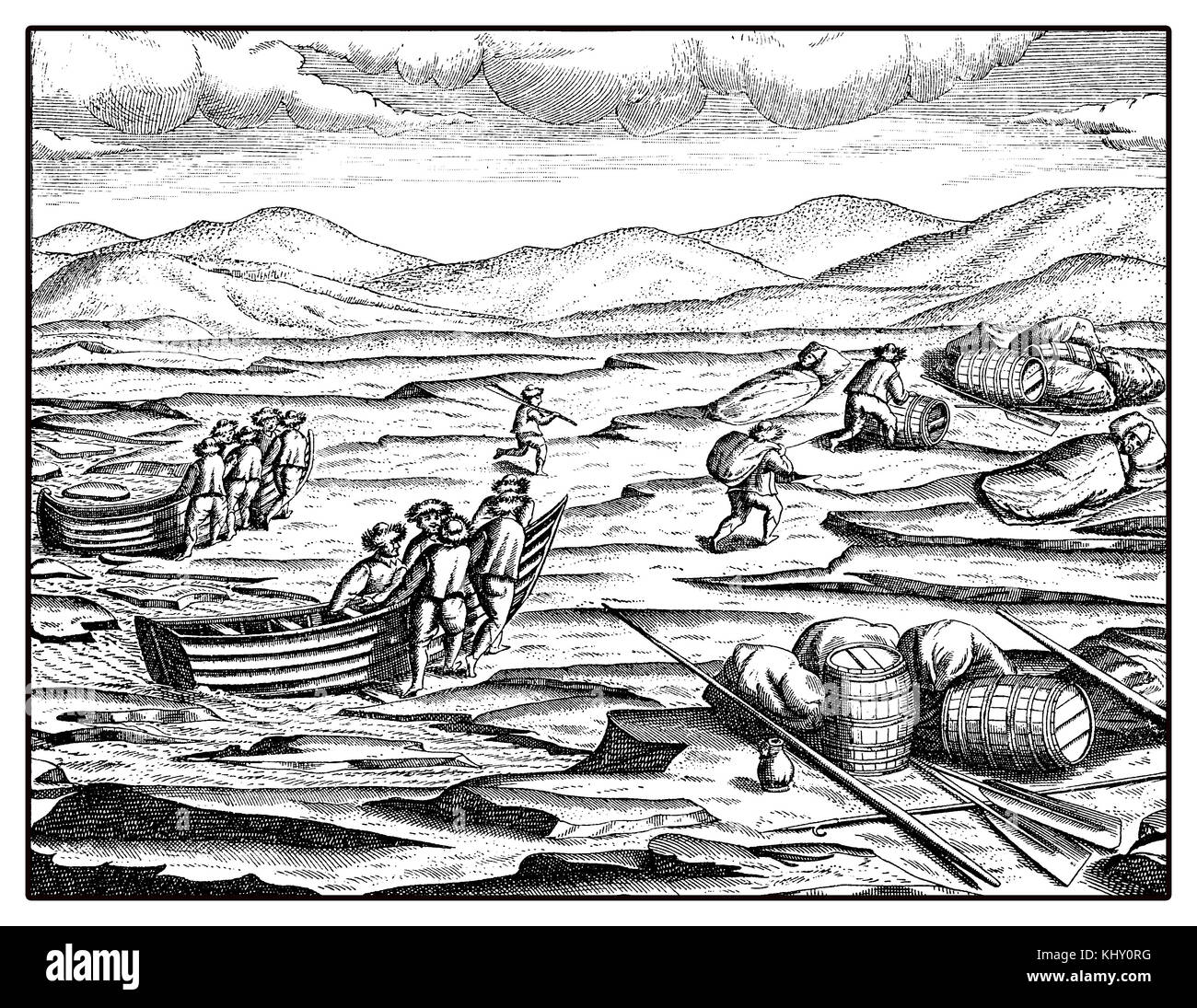 William spedizione di barents artic nel XVI secolo, alimentare il trasporto dalla nave a remi Foto Stock