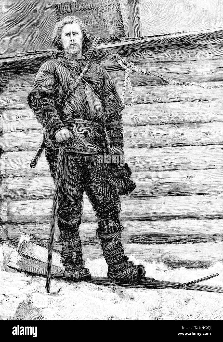 Incisione vintage, ritratto di esploratore norvegese Fridtjof Nansen in franz josef land in1896 Foto Stock