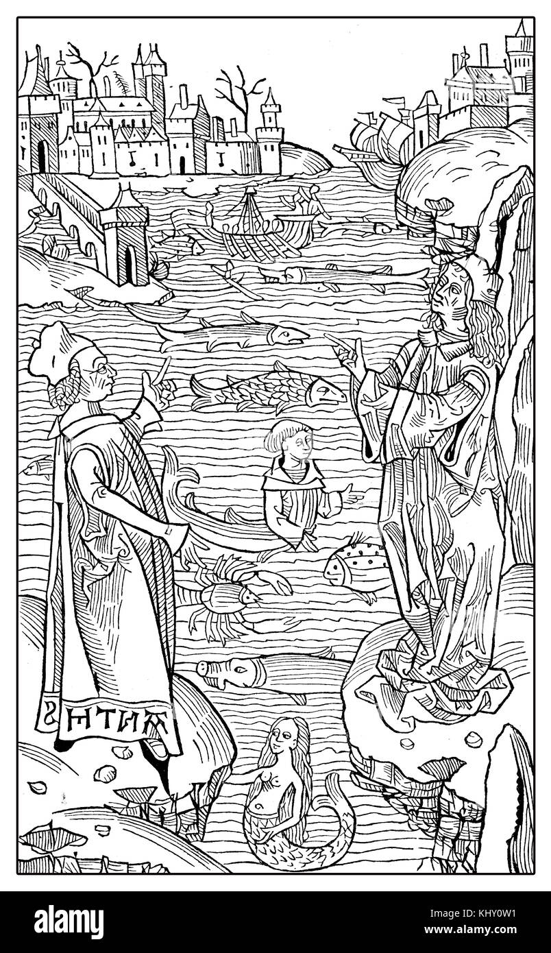 Rappresentazione medievale di fantastiche creature marine, incisione dell'anno 1491 Foto Stock
