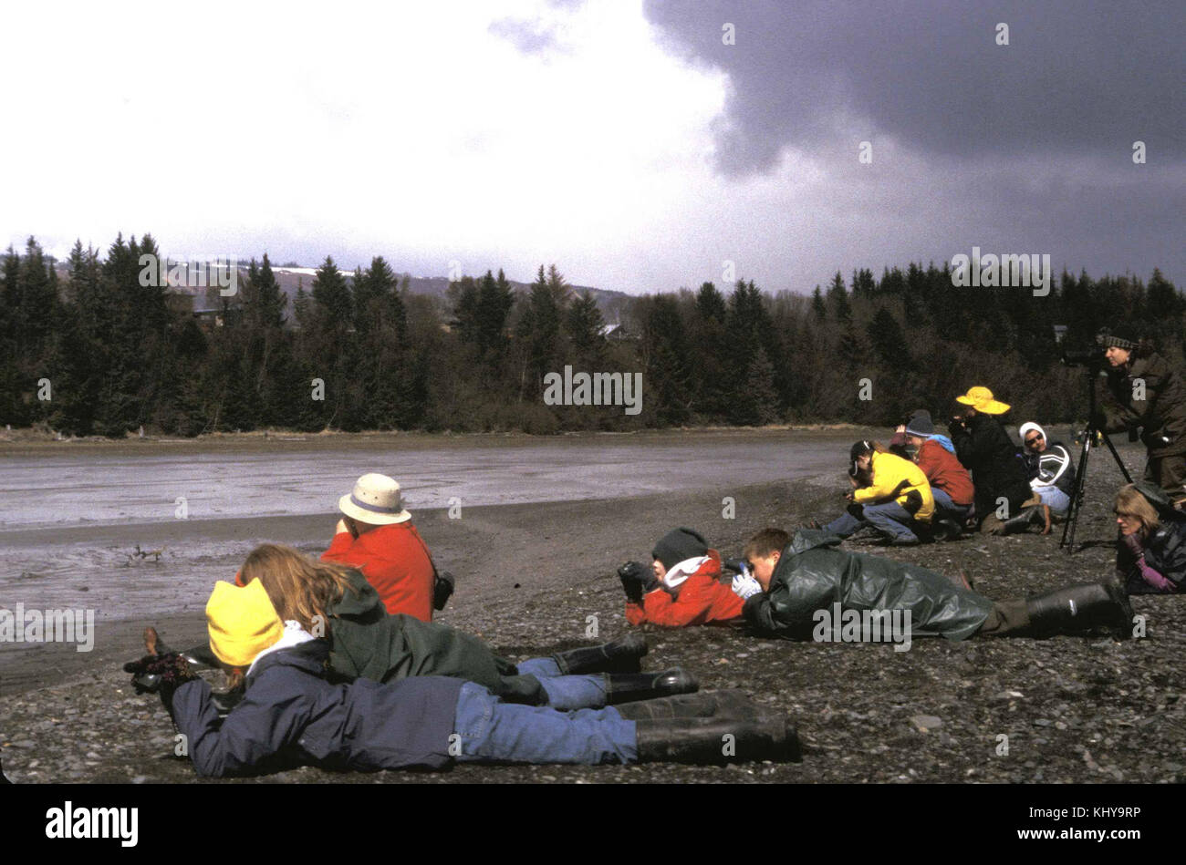 Educazione ambientale agli studenti la visualizzazione di uccelli costieri Foto Stock