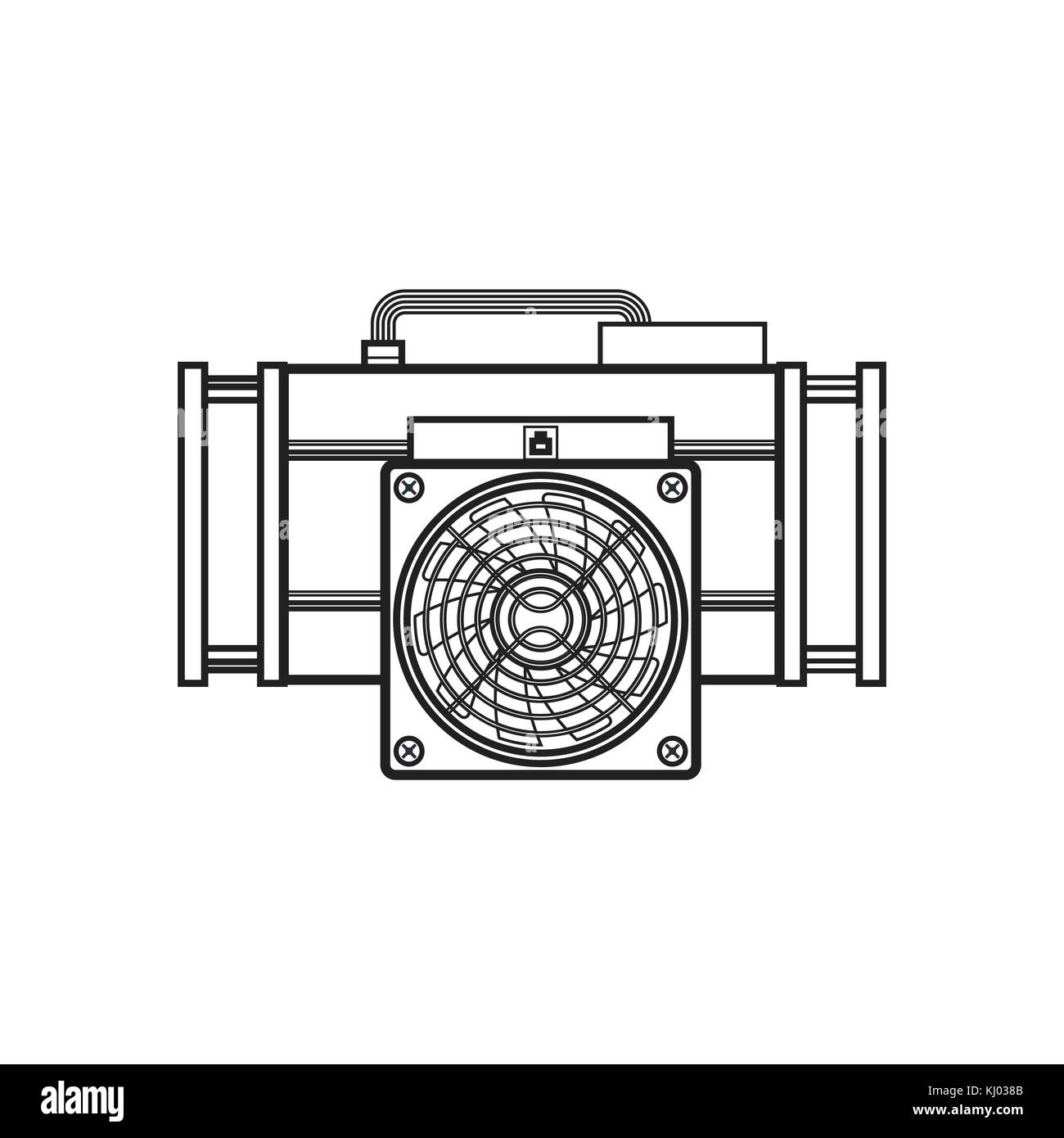 Vector nero monocromatico asic outline miner farm moneta crypto circuito integrato specifico per applicazione dispositivo illustrazione di contorno isolato su bianco Illustrazione Vettoriale