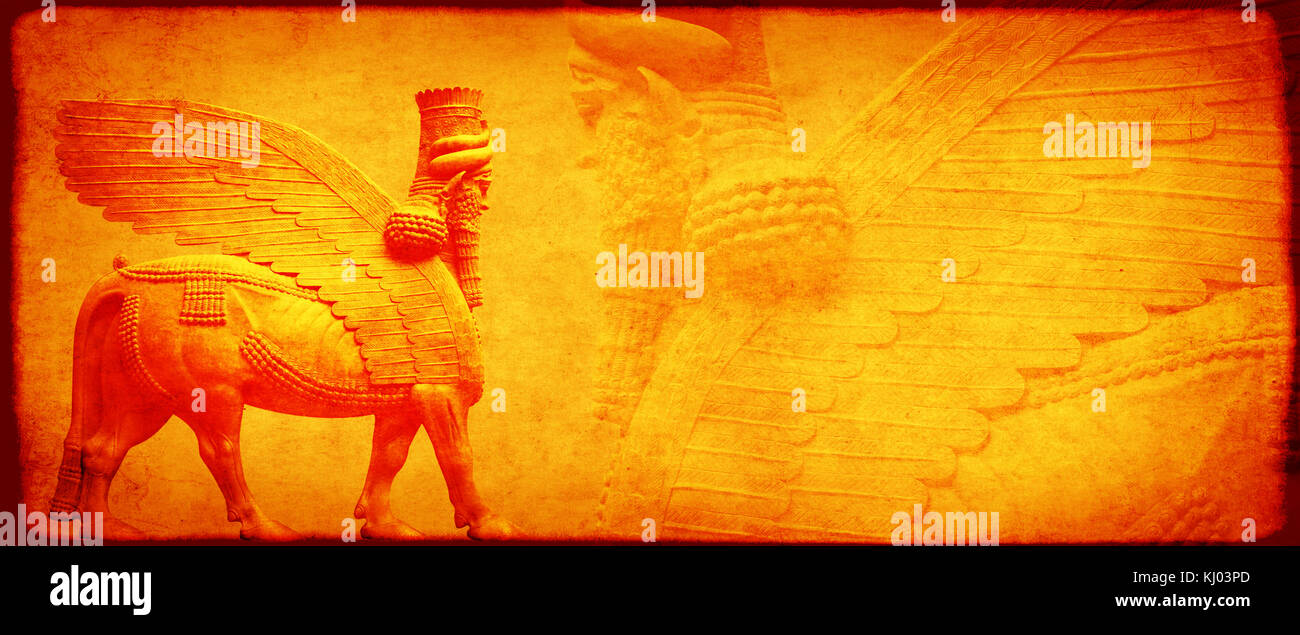 Grunge sfondo con Grana carta e lamassu - umana con testa di toro alato statua, assiro divinità protettiva Foto Stock