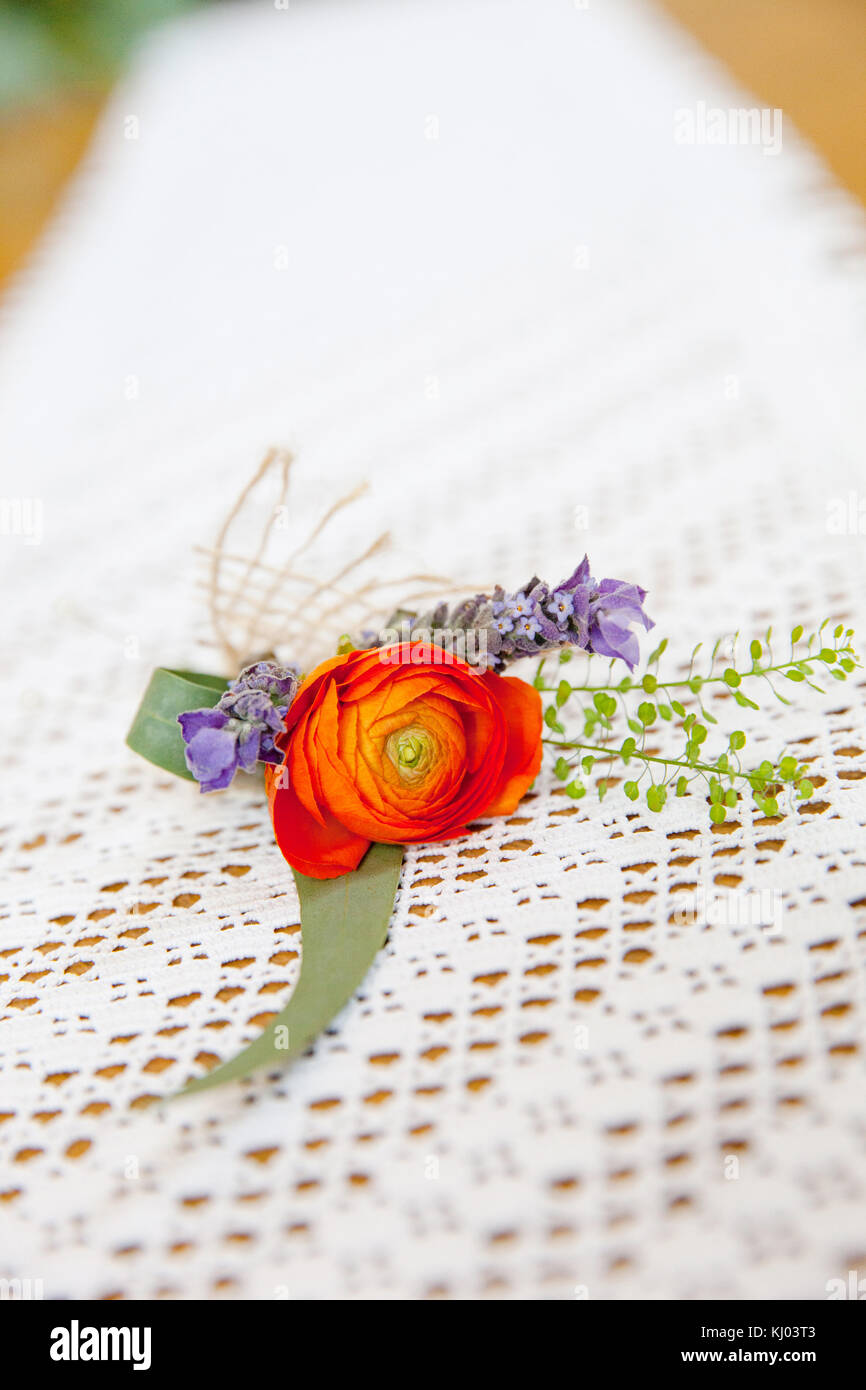 Red Rose asola sulla tovaglia di pizzo Foto Stock