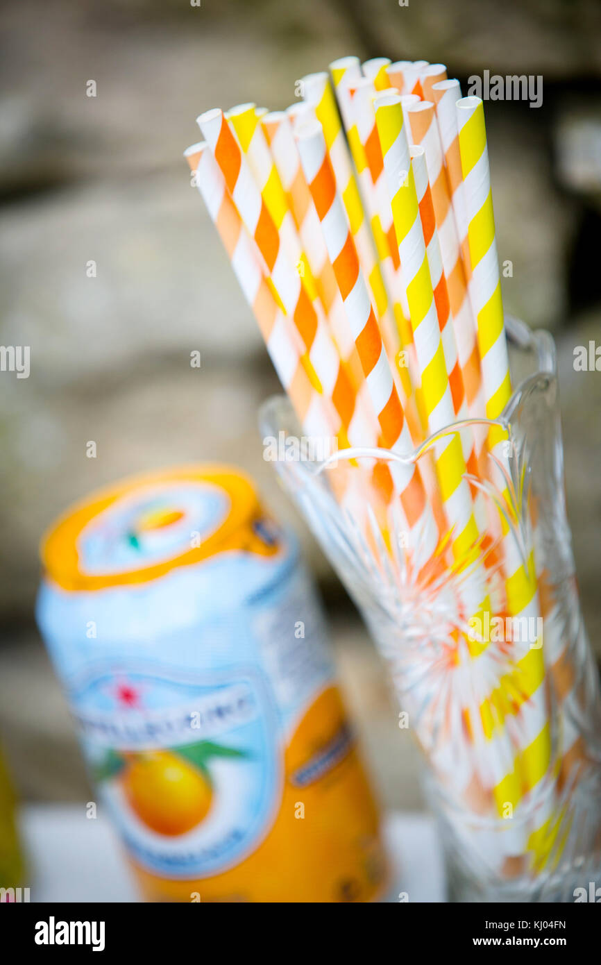 Mazzetto di strisce di bere cannucce in vaso e possibile di succo di arancia, close up Foto Stock