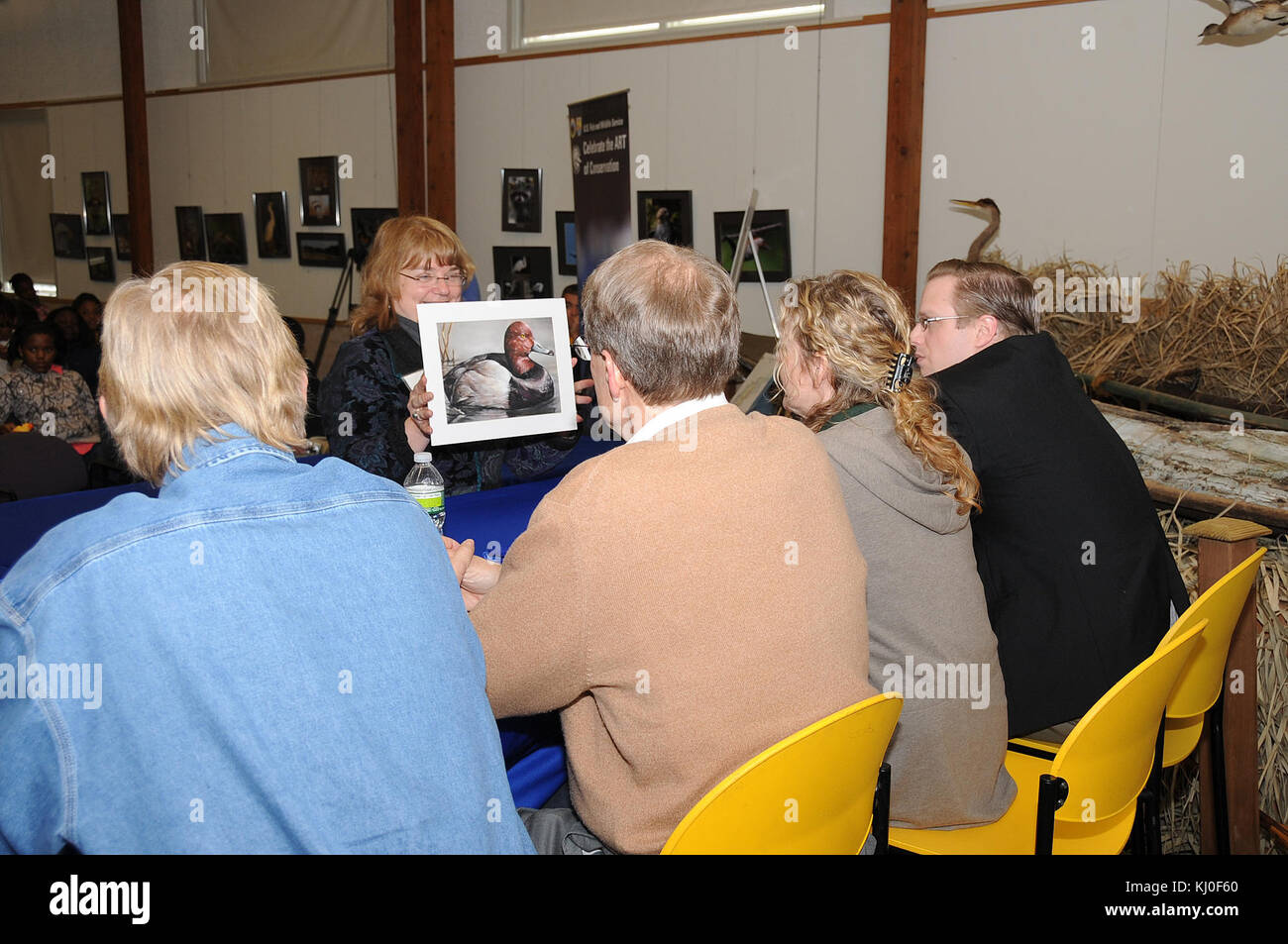 I giudici di osservare da vicino le voci per il 2011 Junior federale di anatra concorso timbro Foto Stock