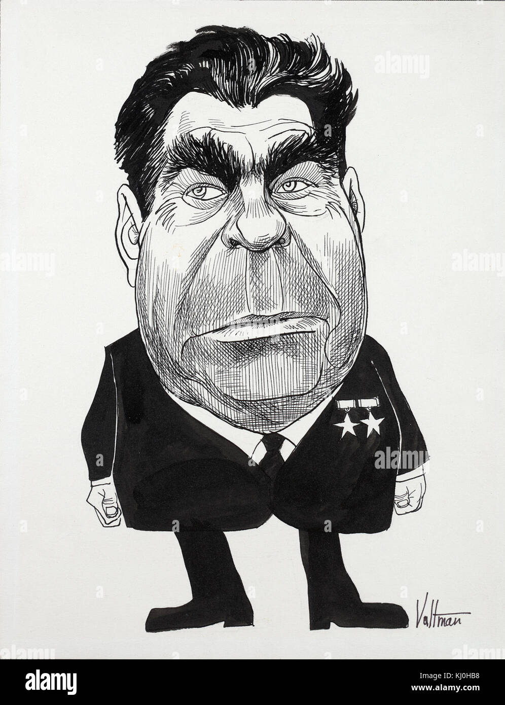 Una caricatura del 1968 di Edmund S. Valtman ritrae il leader sovietico Leonid Brezhnev in una tuta scura adornata di medaglie, che riflette la sua statura politica. Foto Stock