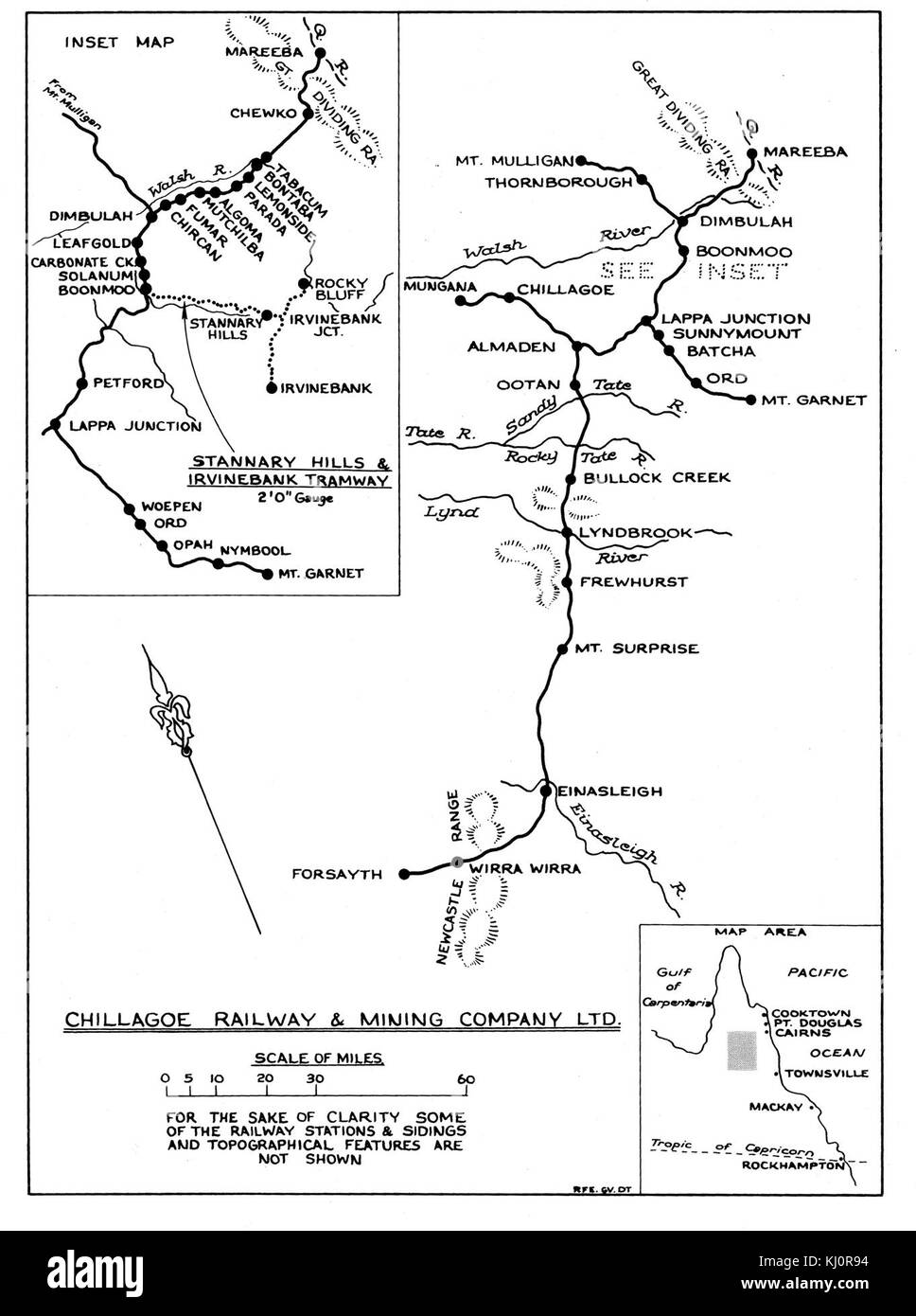 Questa mappa mostra i percorsi ferroviari associati alla Chillagoe Railway and Mining Company in Australia. Evidenzia le rotte di trasporto per le operazioni minerarie e la connettività regionale. Foto Stock