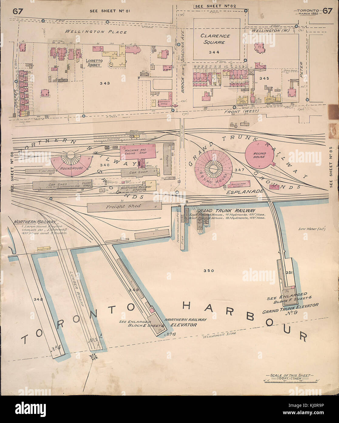 La mappa assicurativa del 1892 di Toronto fornisce preziose informazioni storiche sullo sviluppo della città. Descrive dettagliatamente l'area a sud di Wellington e ad ovest di Peter, offrendo un'istantanea della pianificazione urbana e delle infrastrutture. Foto Stock
