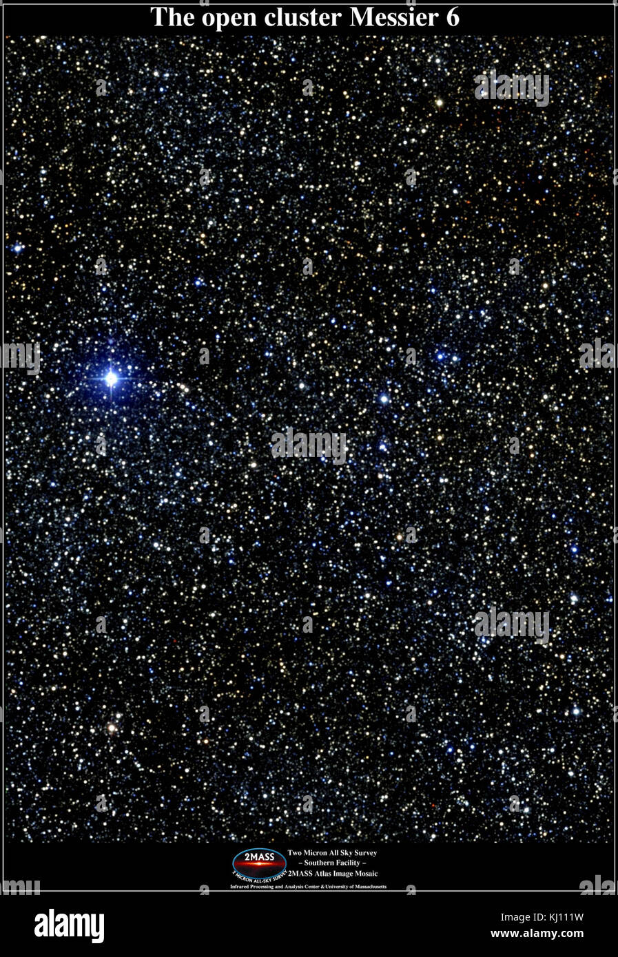 Messier 006, noto anche come M6, è un ammasso aperto di stelle situato nella costellazione dello Scorpio. Questa osservazione del sondaggio 2MASS fornisce dati dettagliati sulla formazione e sulla composizione delle stelle. Foto Stock