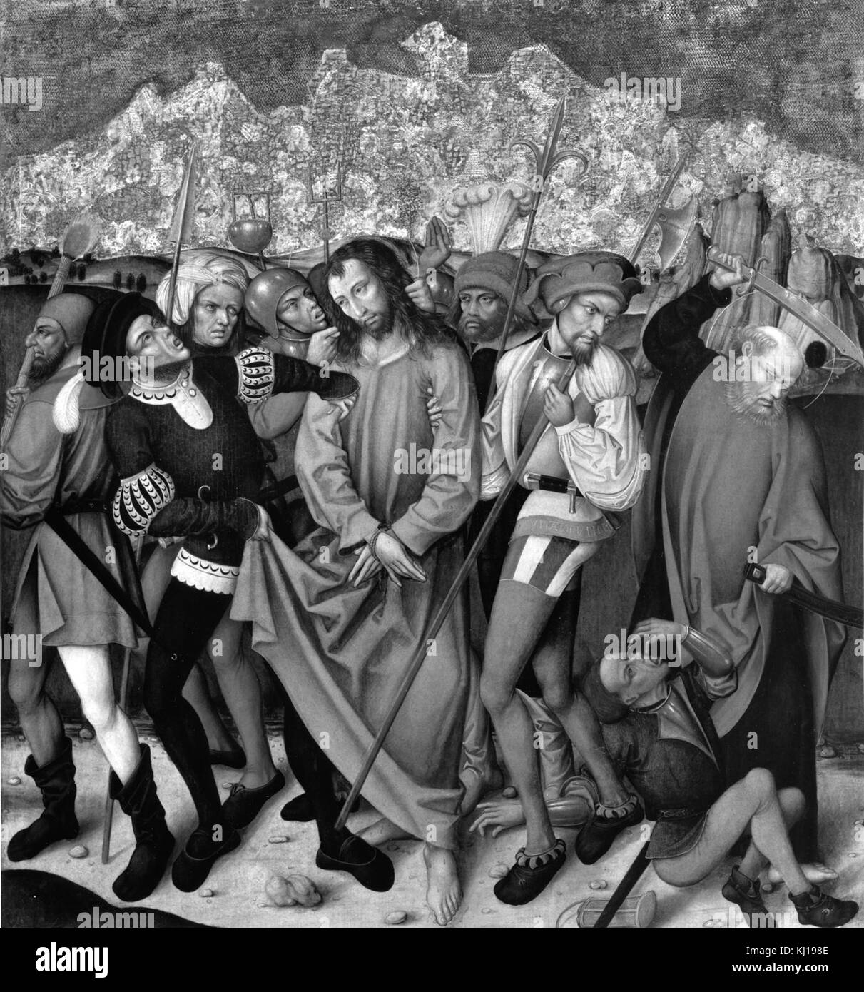 Questa pala d'altare tedesca raffigura la passione di Cristo, in particolare l'arresto di Cristo, che mostra l'arte religiosa medievale e il suo significato storico. Foto Stock