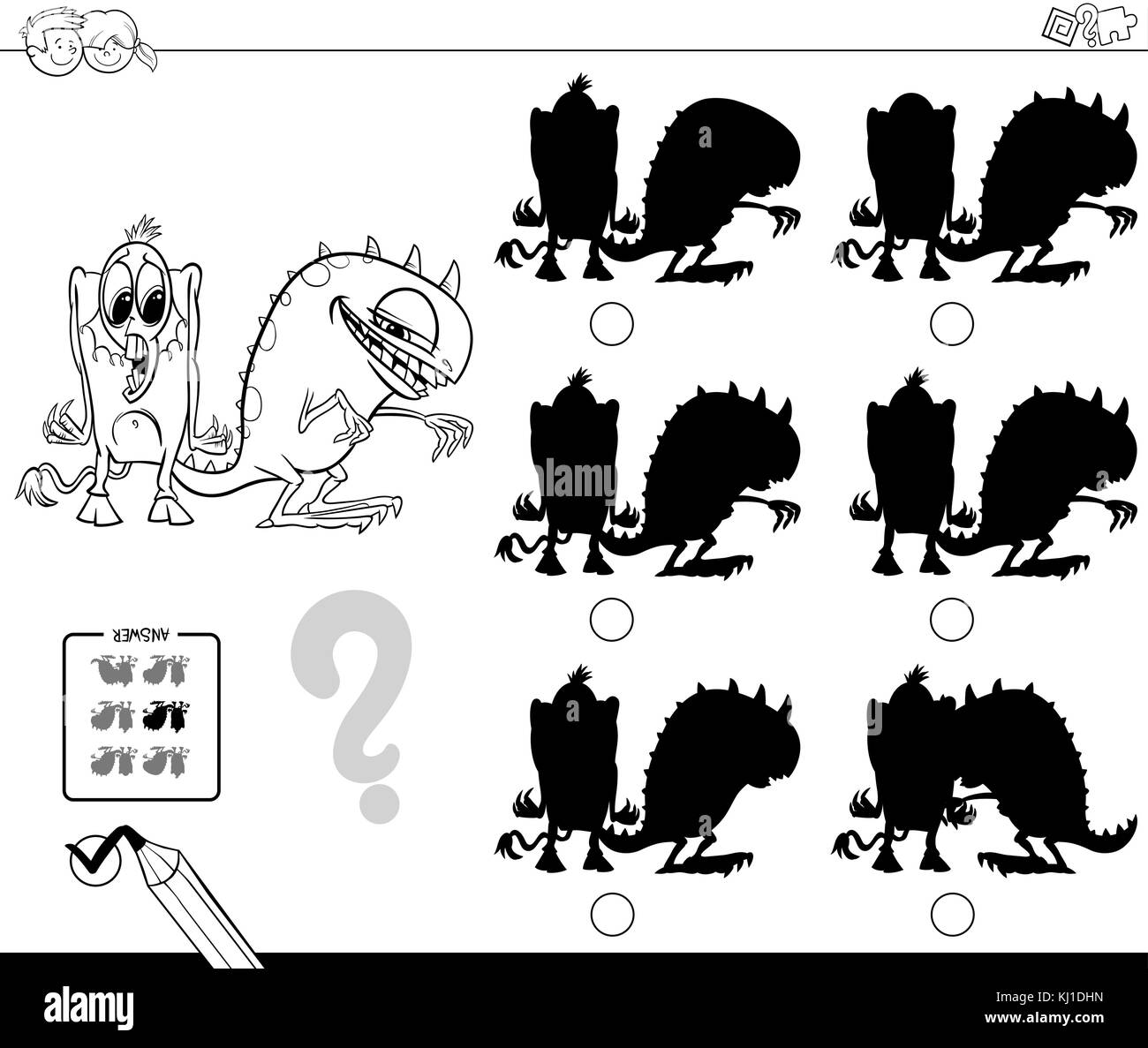 Bianco e nero cartoon illustrazione di trovare l'ombra senza differenze di attività educative per i bambini con divertenti personaggi mostro colorin Illustrazione Vettoriale