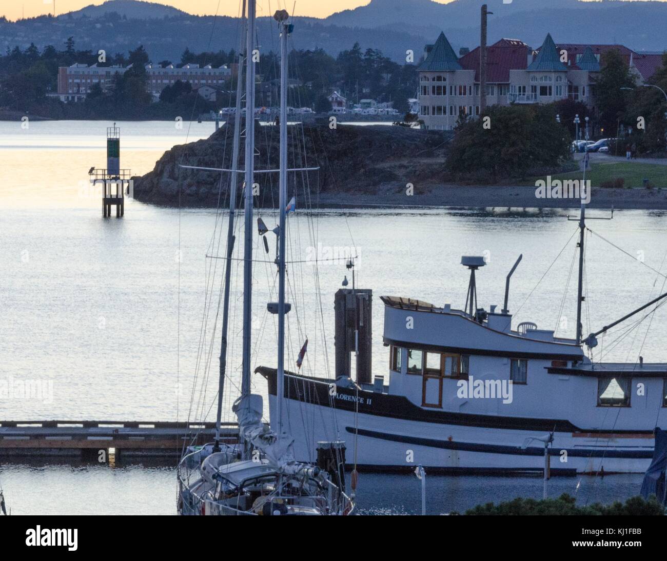 Un rimorchiatore style imbarcazione da diporto si trova nel mezzo del porto al tramonto in Victoria, B.C., Canada. Foto Stock