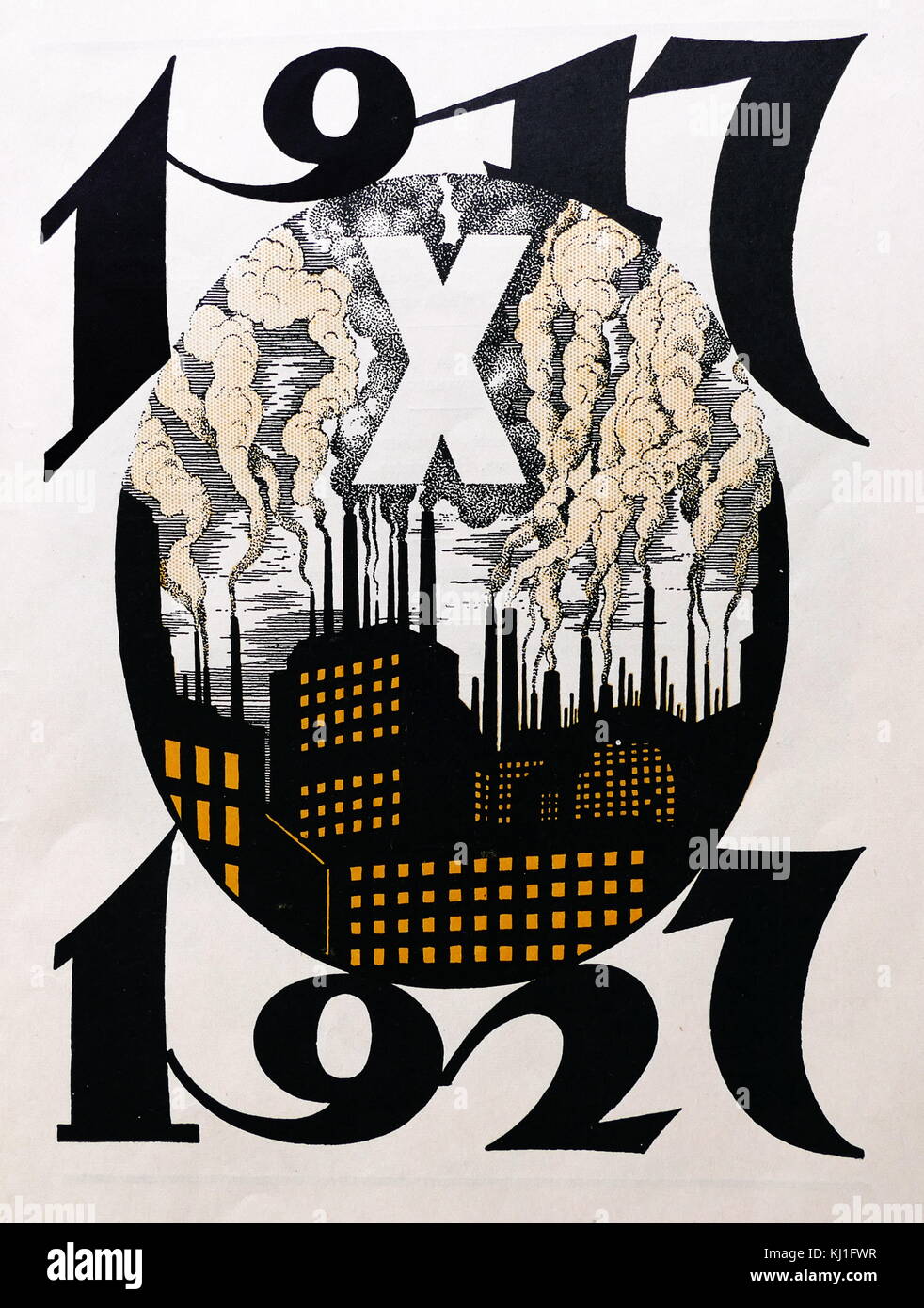 1927, decimo anniversario illustrazione, commemorando il 1917 rivoluzione russa. Mostra una fumatori complesso di fabbrica per simboleggiare lo stato sponsorizzato l'industria e la crescita economica al di sotto del piano quinquennale Foto Stock
