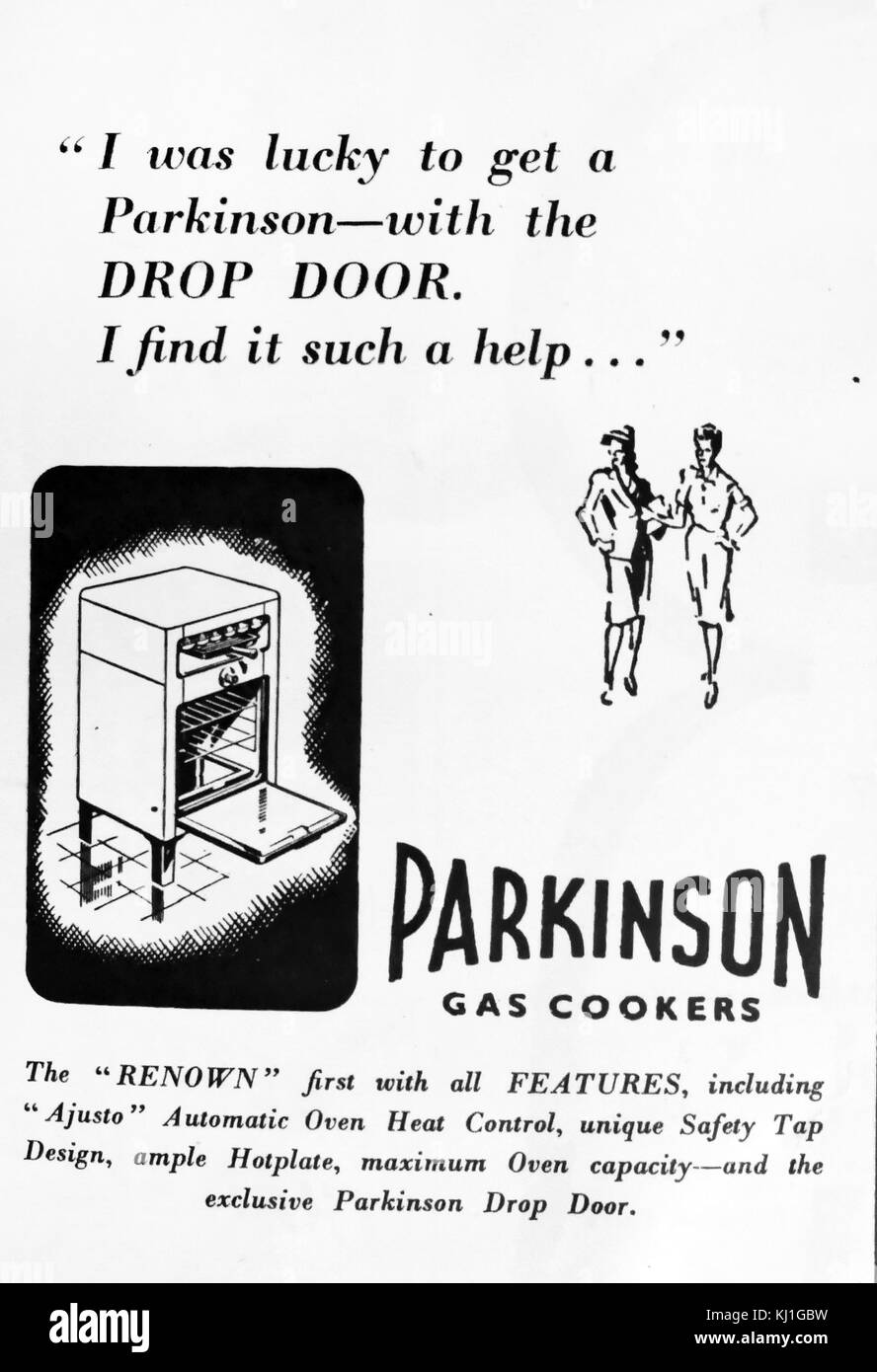 1947 pubblicità per un morbo di Parkinson fornello a gas. Come l'austerità della seconda guerra mondiale ha dato il via ad una lenta ripresa economica i consumatori britannici hanno acquistato ciò che è venuto a essere conosciuta come 'white merci'. Foto Stock
