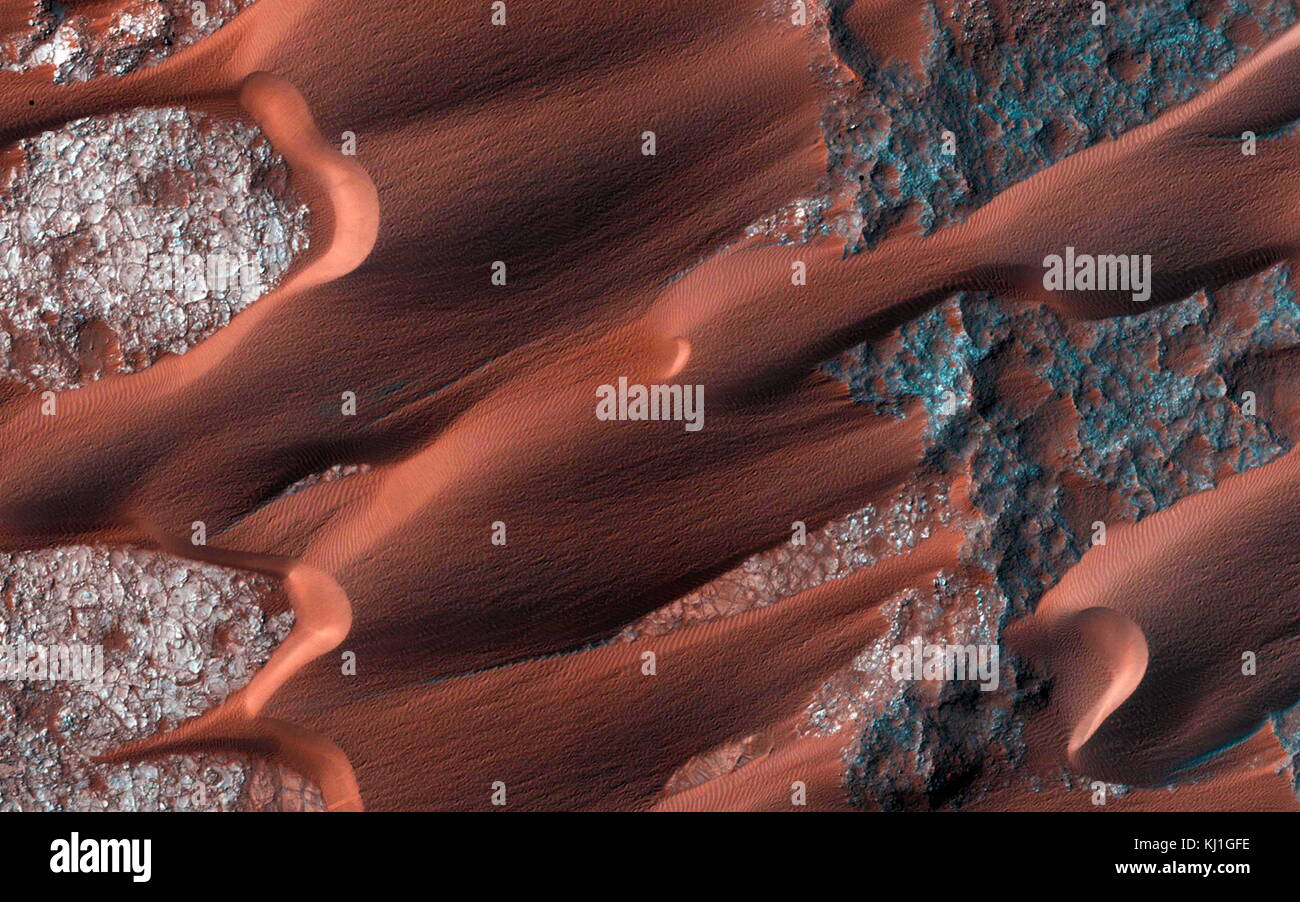 Nili Patera; uno dei più attivi i campi di dune su Marte. Essa è continuamente monitorata con l'AUMENTO HI (Imaging ad alta risoluzione scienza esperimento) fotocamera, una scienza strumento a bordo della NASA Mars Reconnaissance moduli orbitanti osservazione è uno dei più recenti immagini Nili, acquisito il 1 marzo 2014. Foto Stock