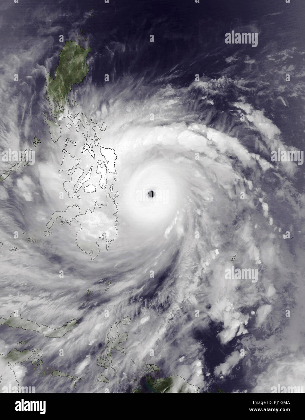 Typhoon Haiyan, noto come Super Yolanda tifone nelle Filippine, è stato uno dei più intensi cicloni tropicali sul record, che ha devastato porzioni del sud-est asiatico, in particolare nelle Filippine, il 8 novembre 2013. Essa è la più letale del tifone filippino sul record, uccidendo almeno 6.300 persone in quel paese da solo Foto Stock