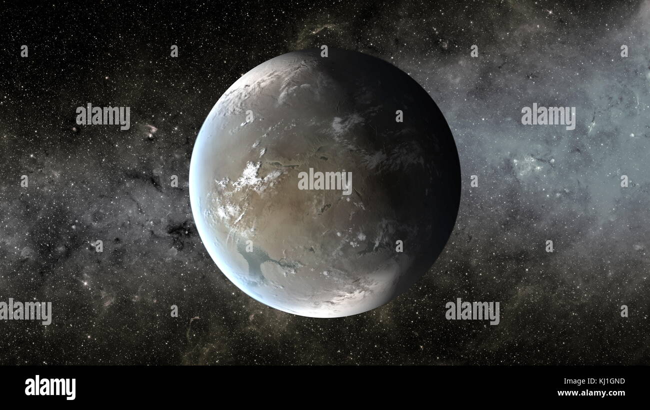 Kepler-62f (noto anche dal suo Kepler oggetto di interesse denominazione KOI-701.04) è un super-Terra esopianeta orbita nella zona abitabile della stella Kepler-62, il più esterno dei quali cinque pianeti scoperto dalla NASA Kepler navicelle spaziali. Si trova a circa 1.200 anni luce (370 parsec, o quasi 1.135×1016 km) da terra nella costellazione di Lyra. Foto Stock