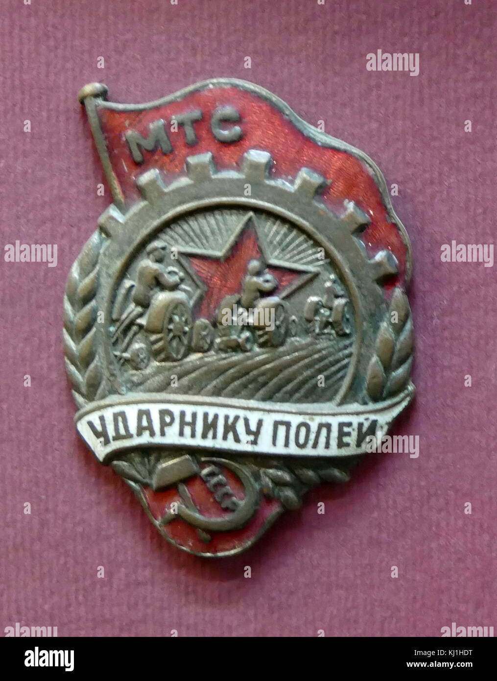 Badge da bavero dalla Russia Sovietica 1935. Stalin campagna bolscevica per la semina, per una elevata resa di allevamento. Foto Stock