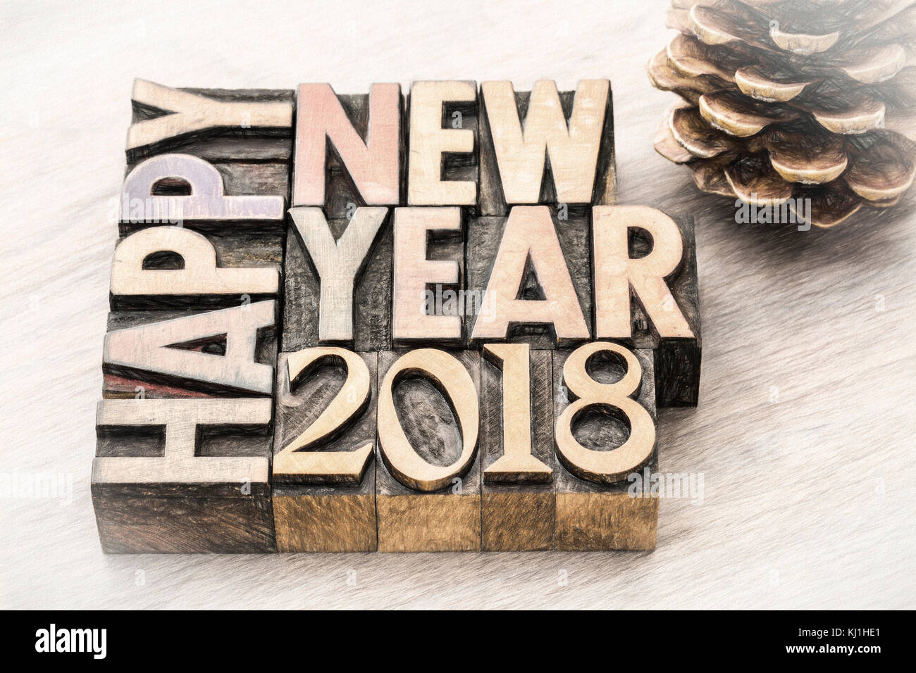 Felice anno nuovo 2018 greeting card - testo in rilievografia vintage tipo legno blocchi, charco verniciatura effetto digitale Foto Stock