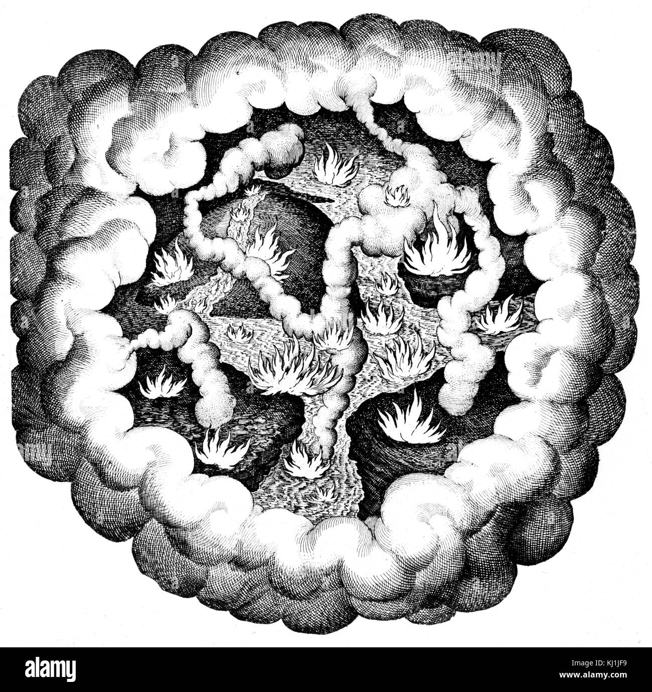 Incisione raffigurante Elementale Caos, che mostra la lotta tra le qualità (caldo e freddo, a umido e a secco). Risalenti al XVII secolo Foto Stock