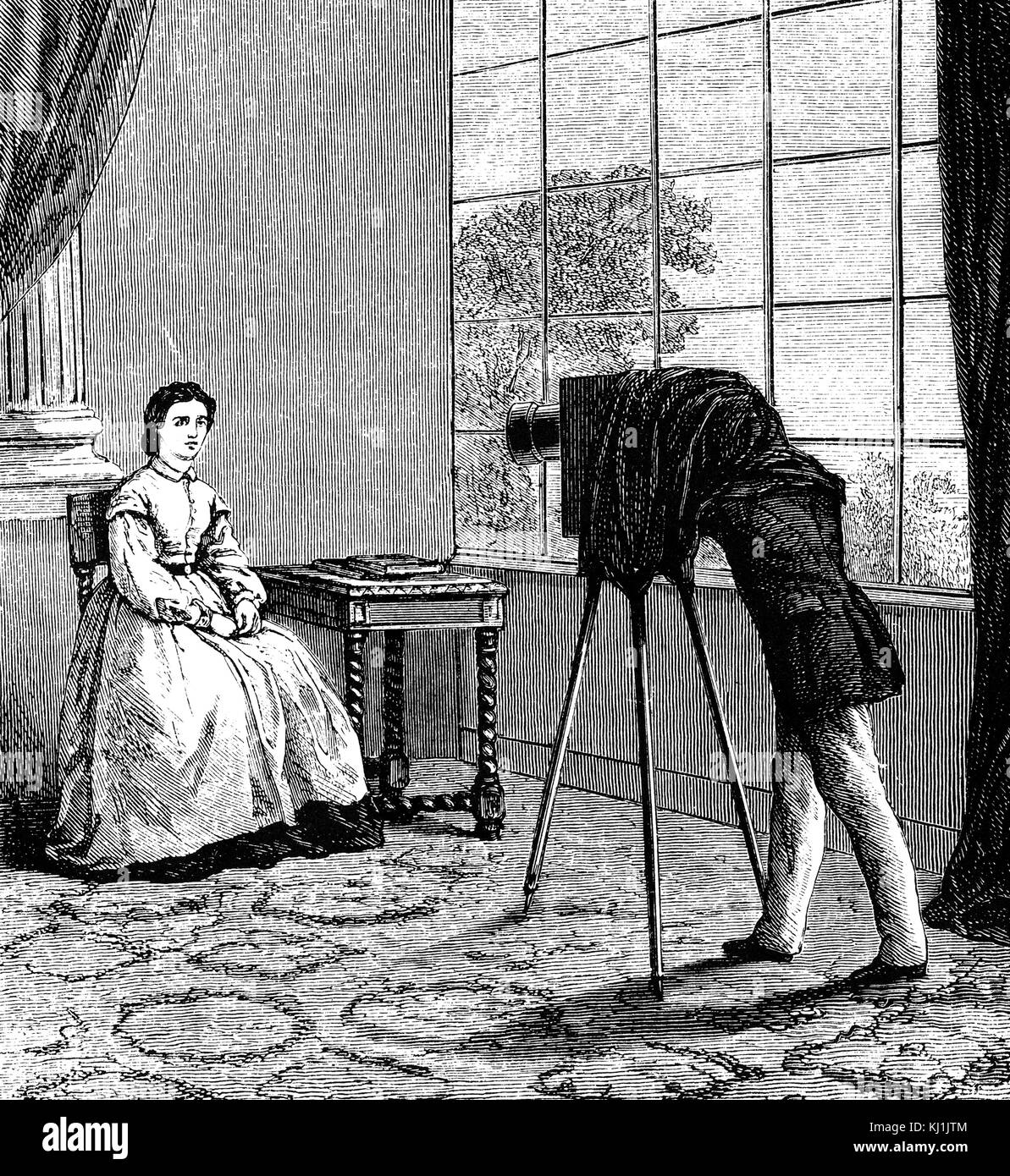 Cartoon raffigurante un fotografo di studio da George du Maurier. George du Maurier (1834-1896) un fumettista franco-britannica e l'autore. Datata del XIX secolo Foto Stock