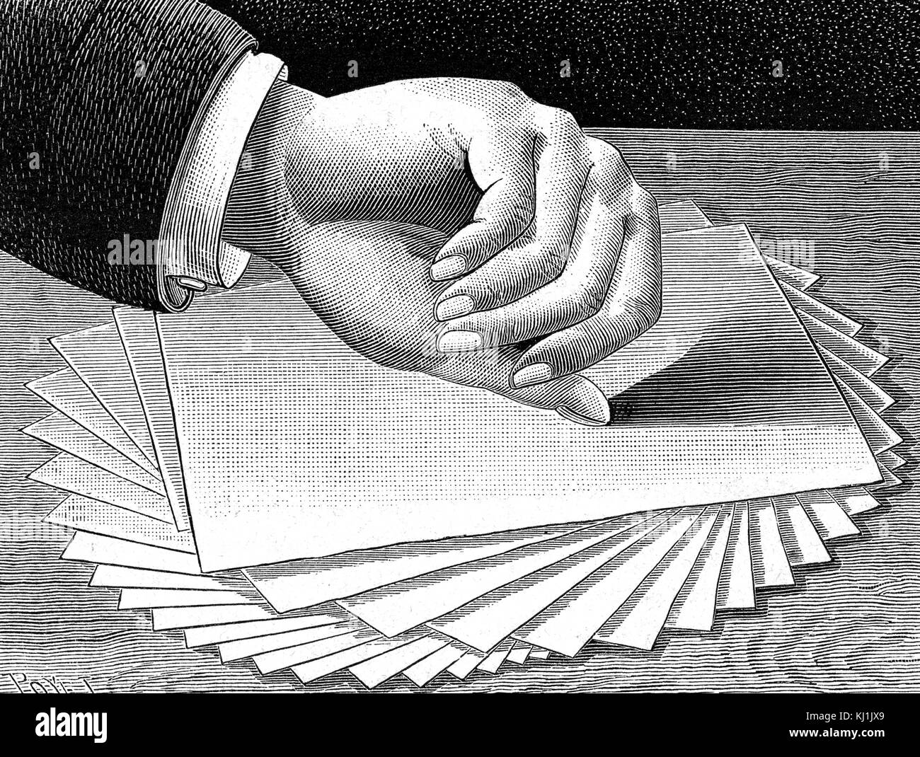 Illustrazione che mostra una pila di carta con un pollice umano che passa al di sopra della superficie. Esperimento scientifico sulla densità di sostanze. Datata del XIX secolo Foto Stock