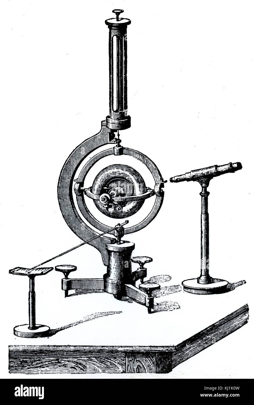 Incisione raffigurante un giroscopio, un dispositivo costituito da una ruota o disco montato in modo che esso possa ruotare rapidamente attorno ad un asse che di per sé è libera di modificare in direzione. Datata del XIX secolo Foto Stock