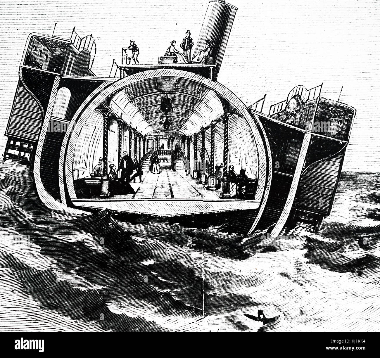 Incisione raffigurante una berlina di oscillazione per un passeggero sistema di cottura a vapore progettato da Henry Bessemer. Henry Bessemer (1813-1898) un inventore inglese. Datata del XIX secolo Foto Stock