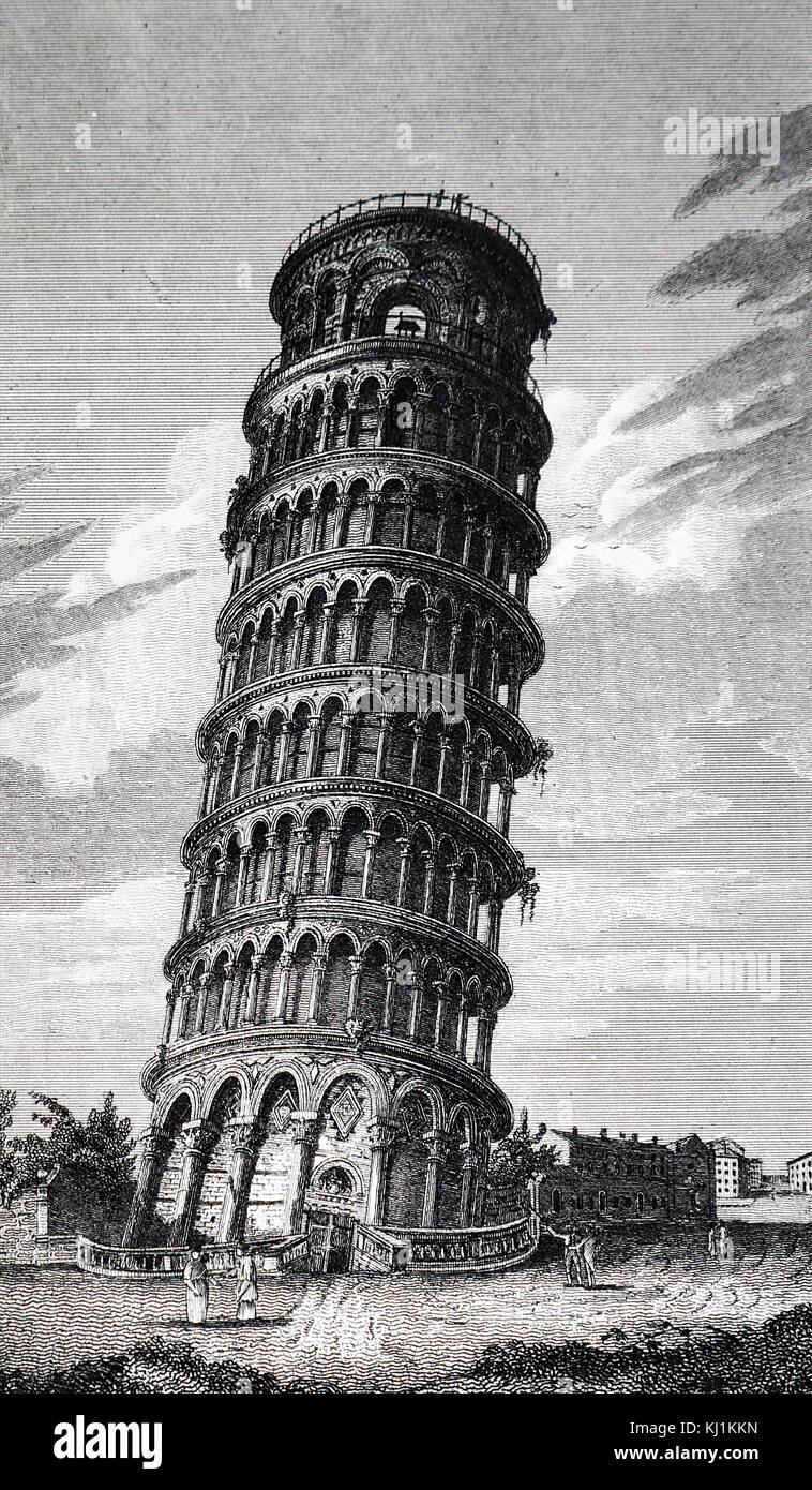 Incisione raffigurante la Torre Pendente di Pisa, il campanile, o freestanding campanile della cattedrale della città italiana di Pisa, conosciuta in tutto il mondo per la sua inclinazione non intenzionale. Ha osato del XIX secolo Foto Stock