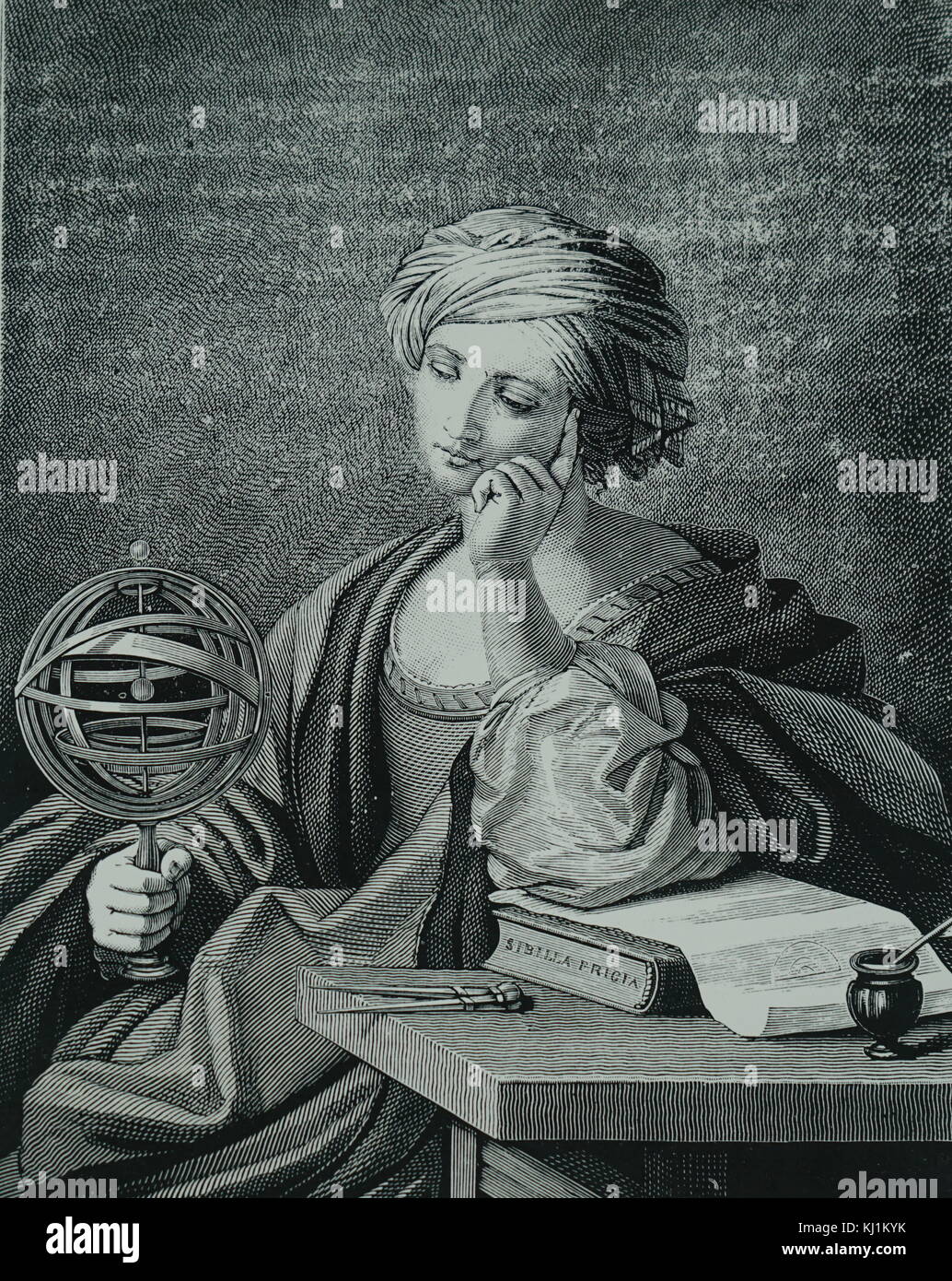 Incisione raffigurante una figura allegorica in rappresentanza di astronomia, rappresentato con una sfera armillare. Datata del XIX secolo Foto Stock
