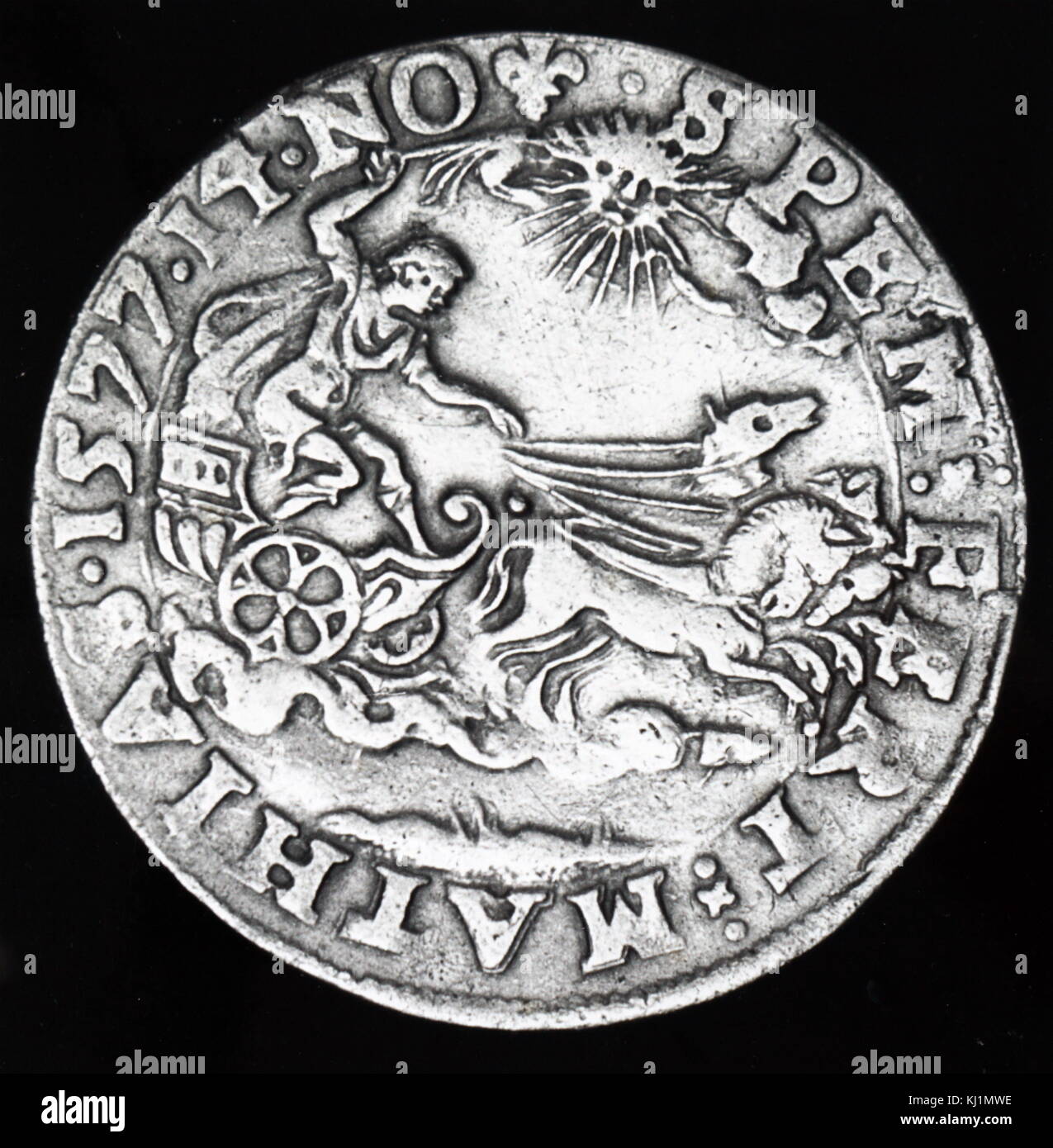 Incisione raffigurante una medaglia coniata per commemorare il grande cometa del 1596. Datata XVI Secolo Foto Stock