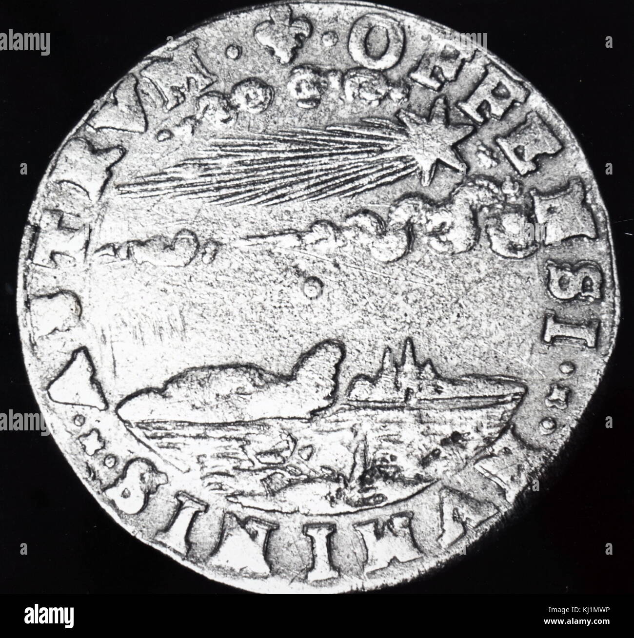 Incisione raffigurante una medaglia coniata per commemorare il grande cometa del 1596. Datata XVI Secolo Foto Stock
